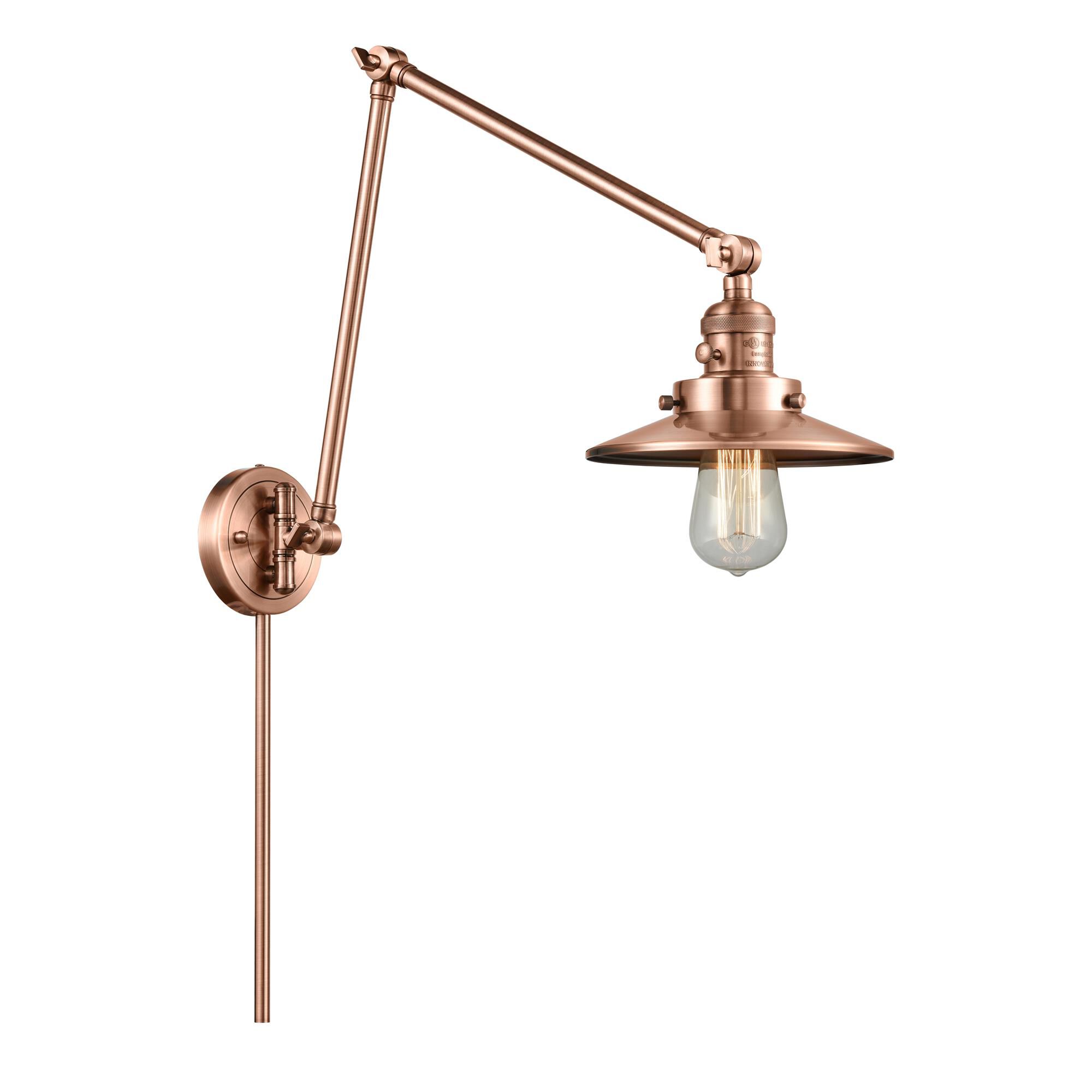 Shown in Antique Copper finish and Antique Copper Railroad shade