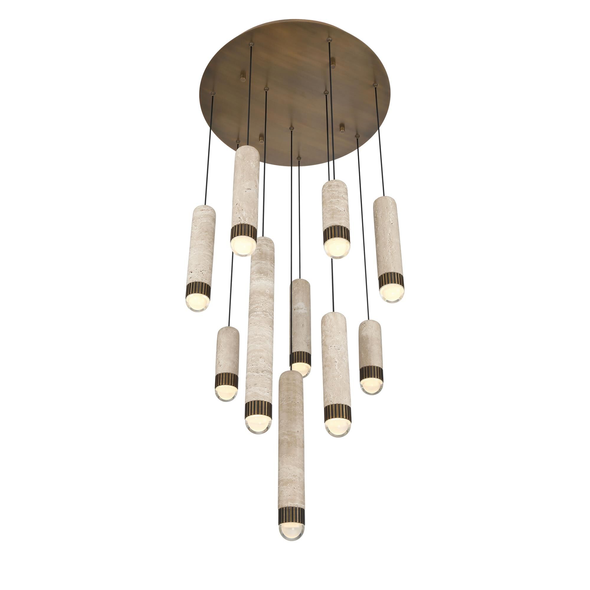 Shown in Antique Brass finish and Travertine shade