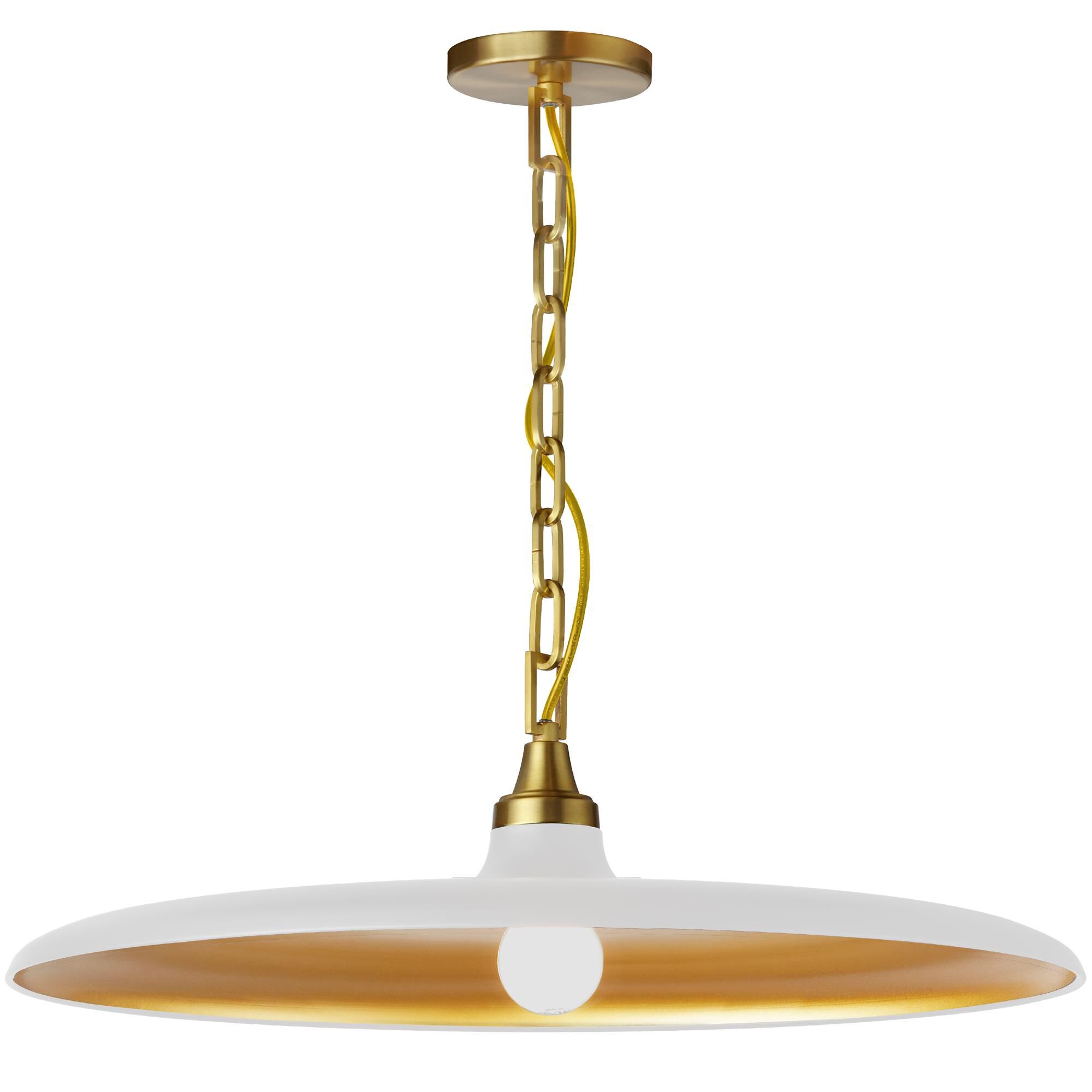 Shown in Aged Brass finish and Matte White/Gold shade