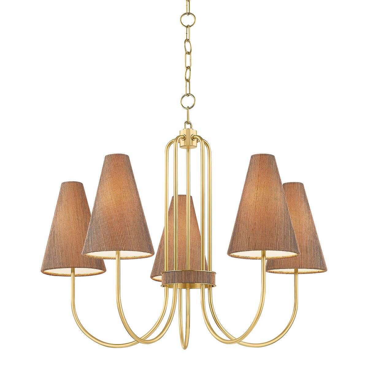 Shown in Aged Brass finish and Natural Grasscloth shade