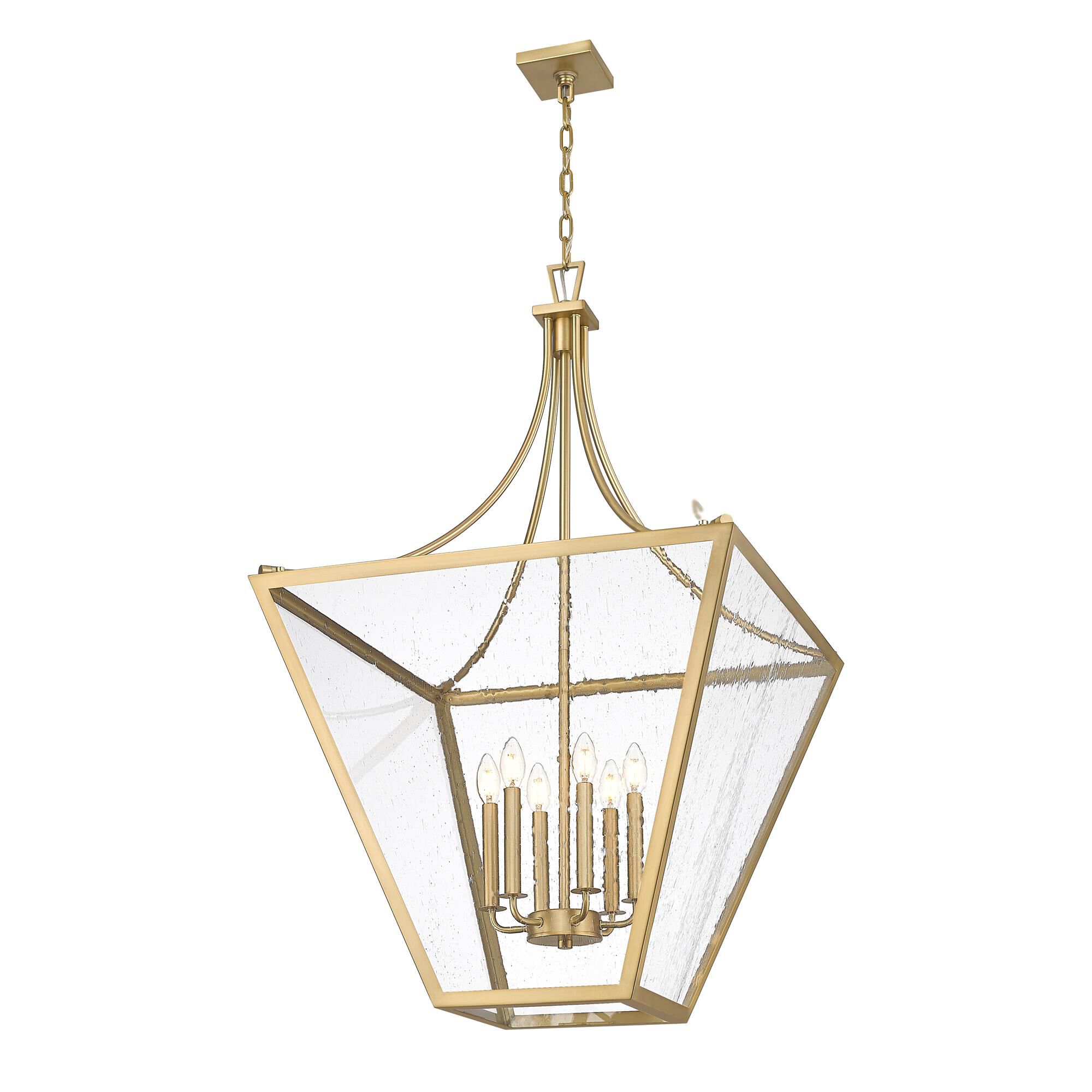 Shown in Rubbed Brass finish and Clear Seedy glass