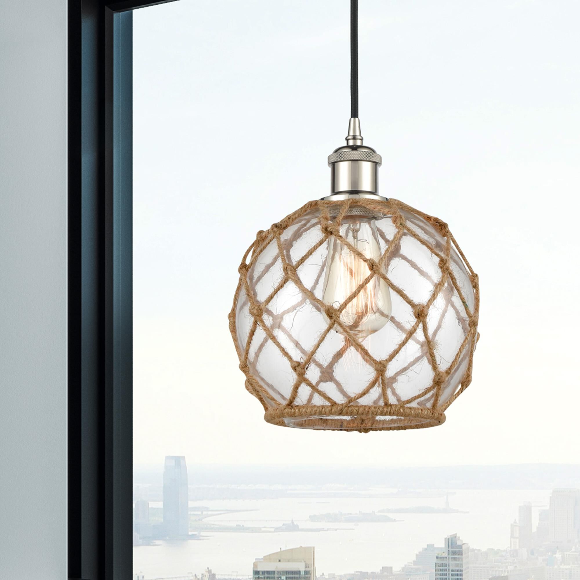 Shown in Polished Nickel finish and Clear Farmhousewith Brown Rope glass and Polished Chrome accent