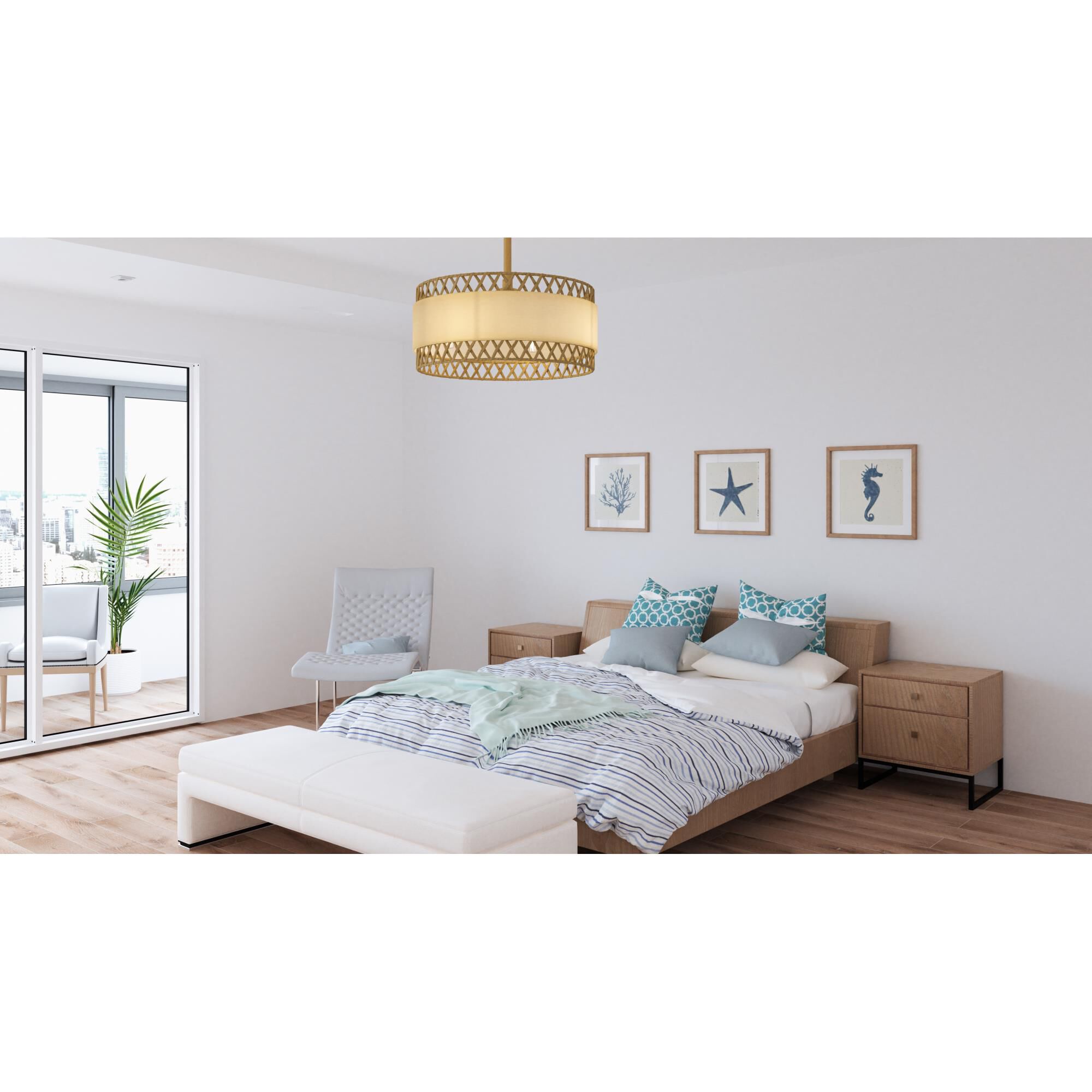 Shown in Brushed Gold finish and White Linen and Rattan shade