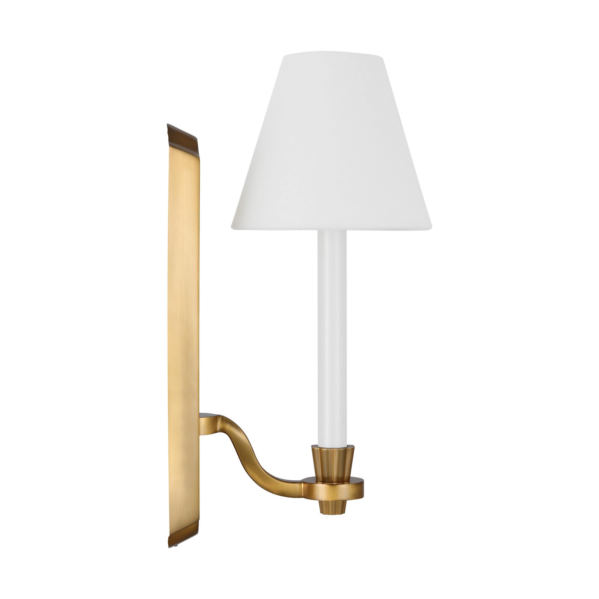 Shown in Burnished Brass finish and White Linen Fabric shade