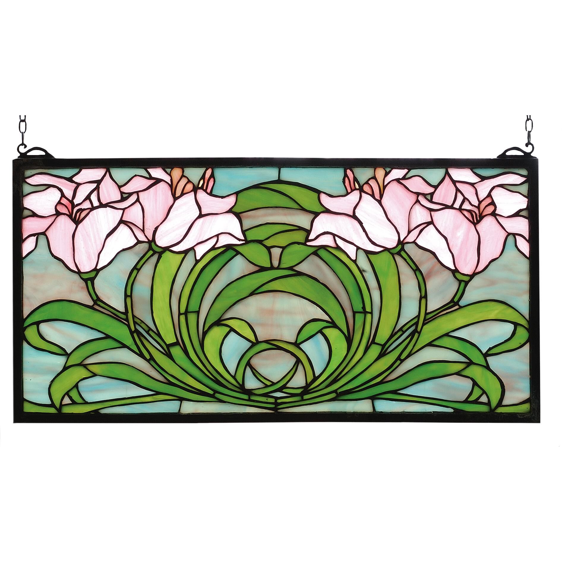 Shown in Brass finish and Pink-Spring Green-Dusky Blue glass