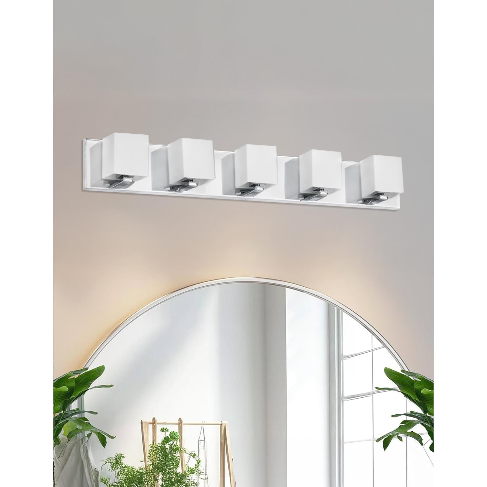 Shown in Polished Chrome and White finish and White Square glass