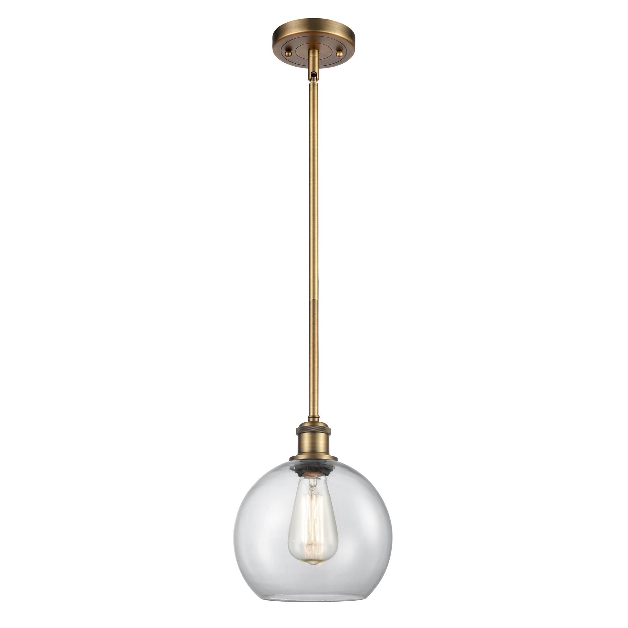 Shown in Brushed Brass finish and Sphere glass and Glass shade