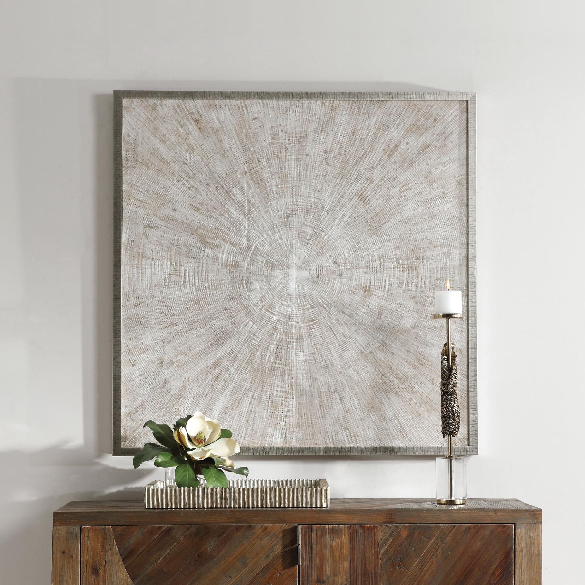 Shown in Heavily Textured With Natural Tones And Metallic Silver Highlights, Textured Antique Silver Frame finish