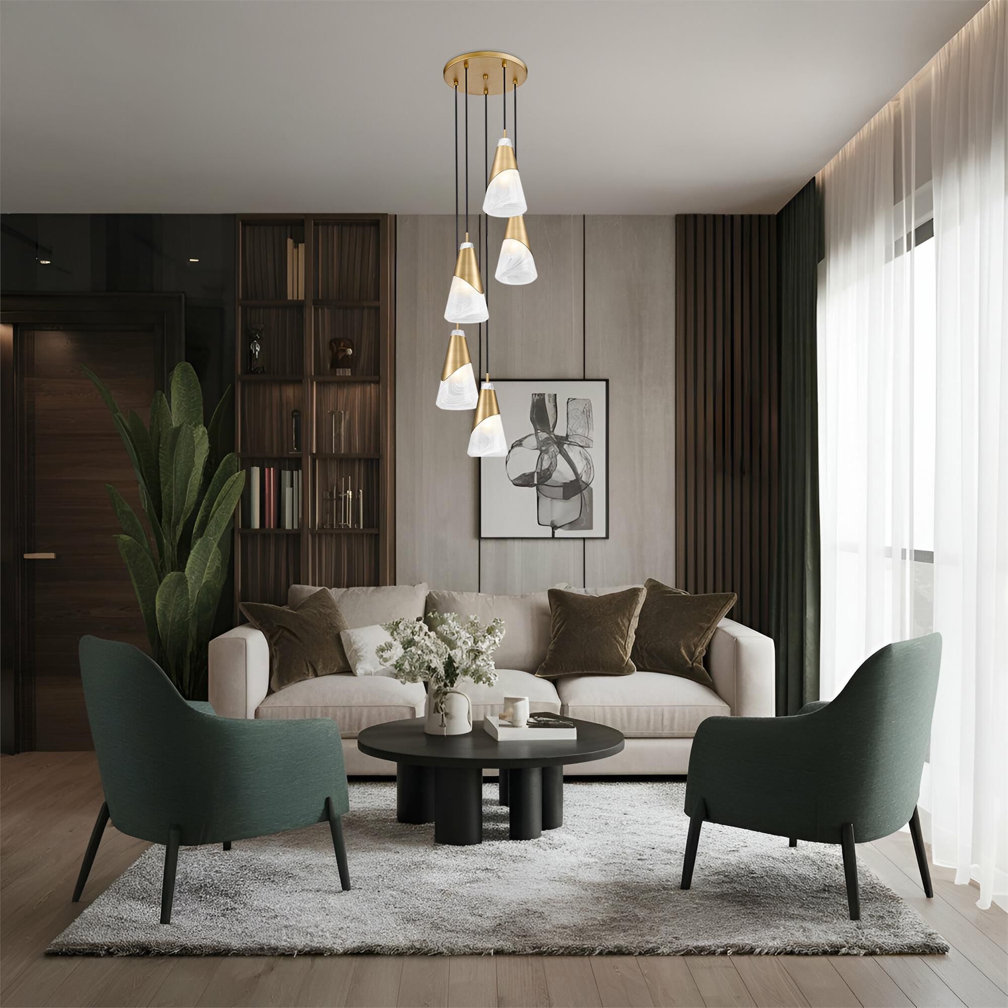 Shown in Modern Gold finish and White Swirl glass and White Swirl shade