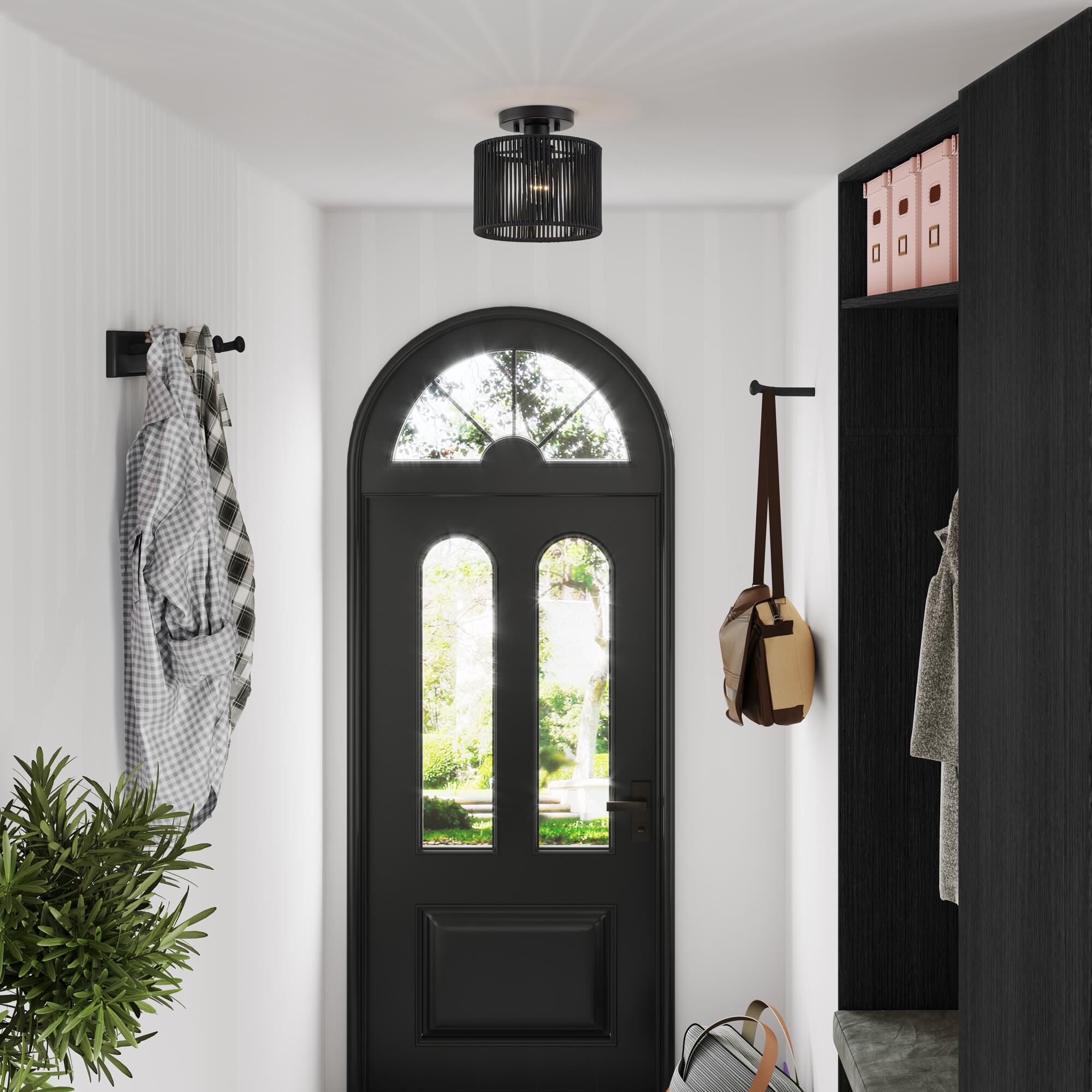 Shown in Black finish and Hand-Woven Parisian Night Color Polyester Rope shade