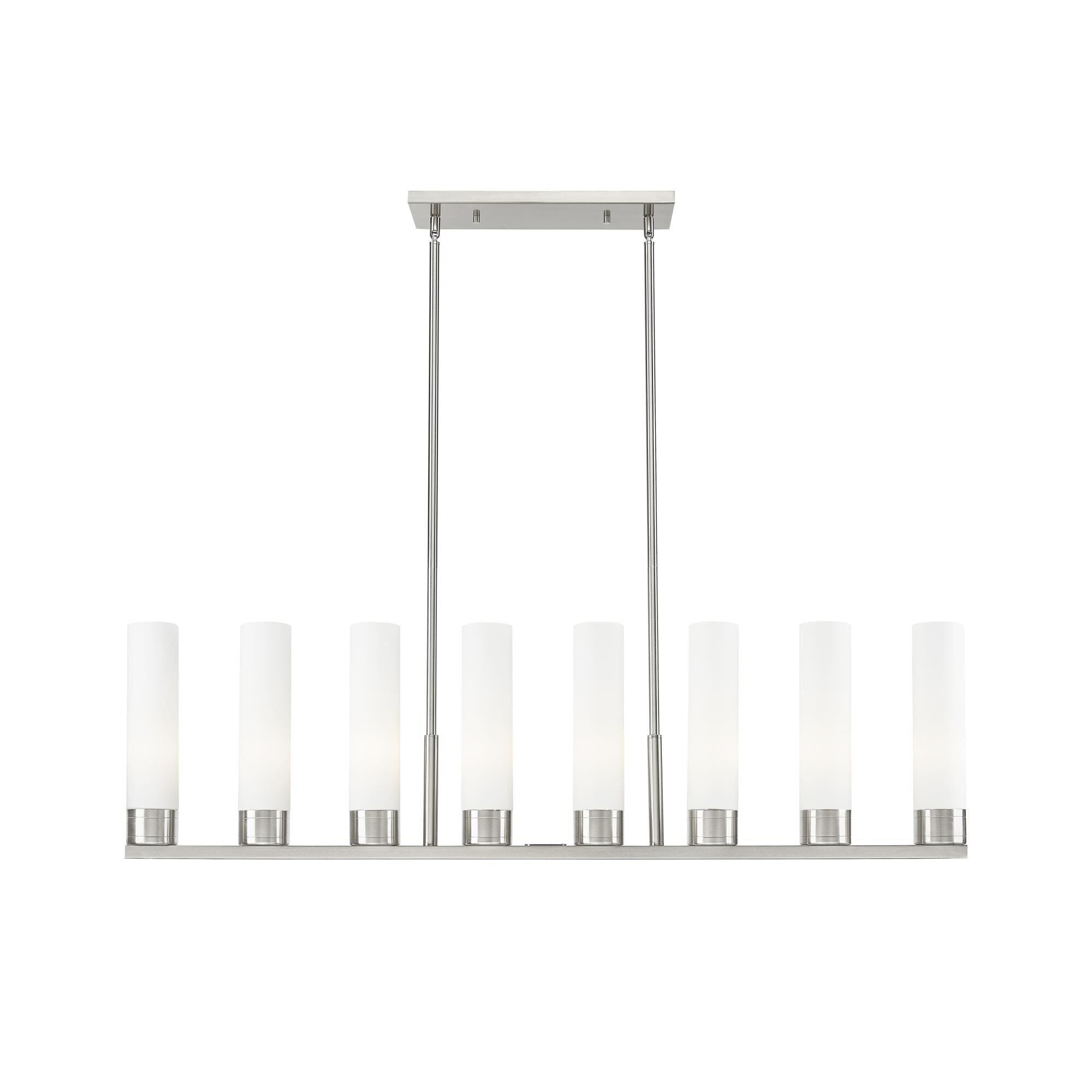 Shown in Satin Nickel finish and White glass