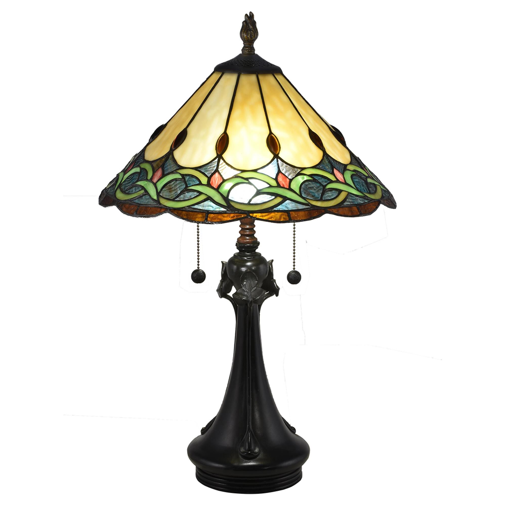 Shown in Antique Bronze finish and Hand Rolled Art Glass (Tiffany) shade