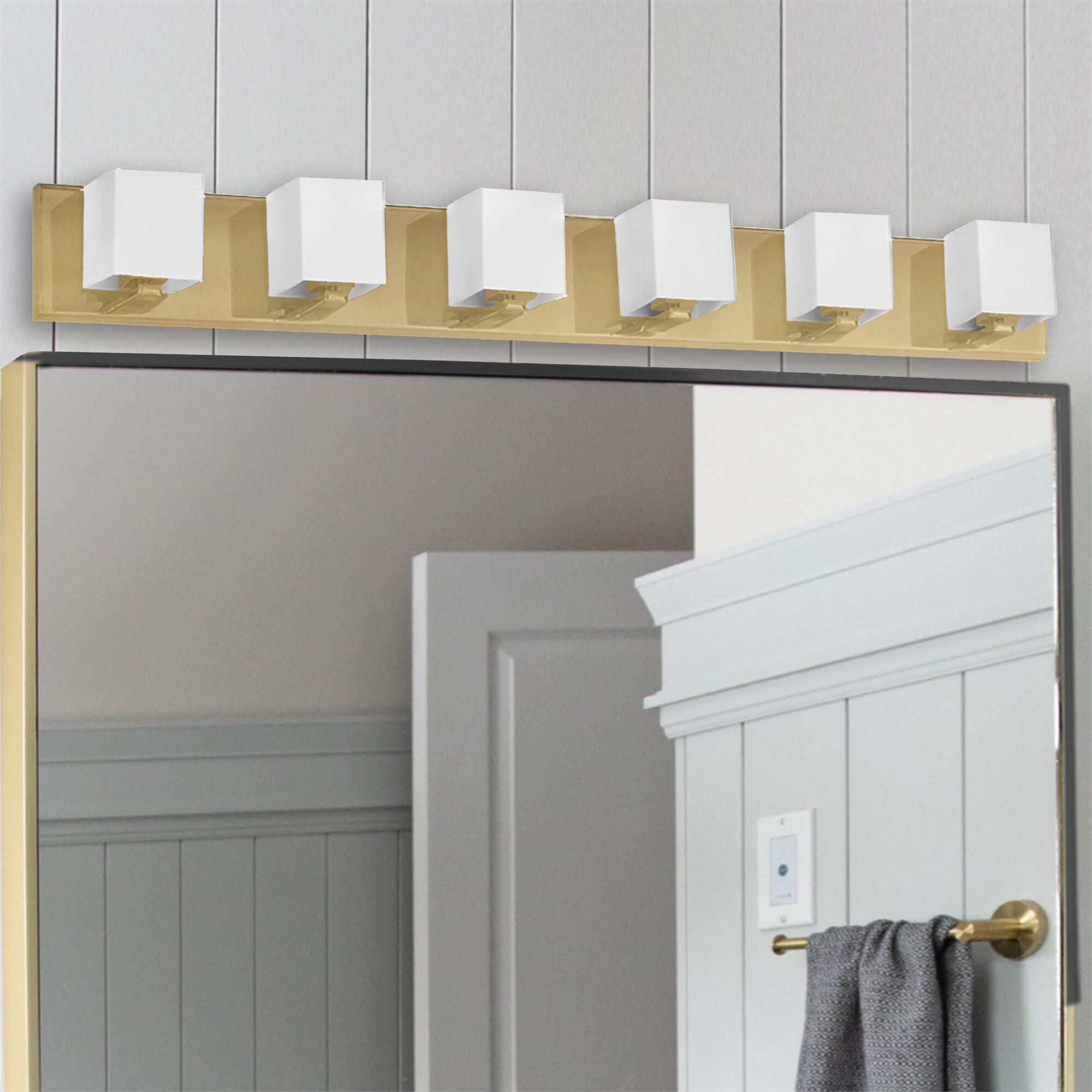 Shown in Aged Brass and White finish and White Square glass