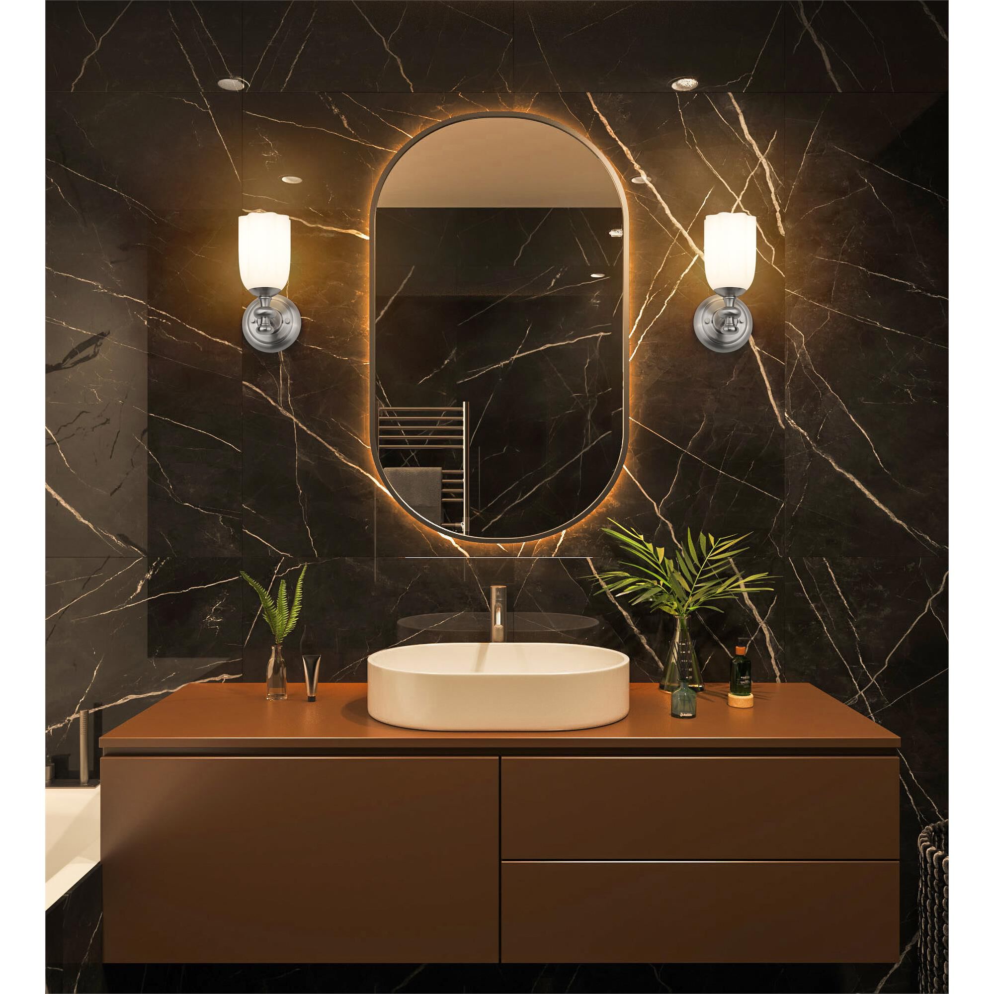 Shown in Brushed Nickel finish and Opal Etched glass and Opal Etched shade