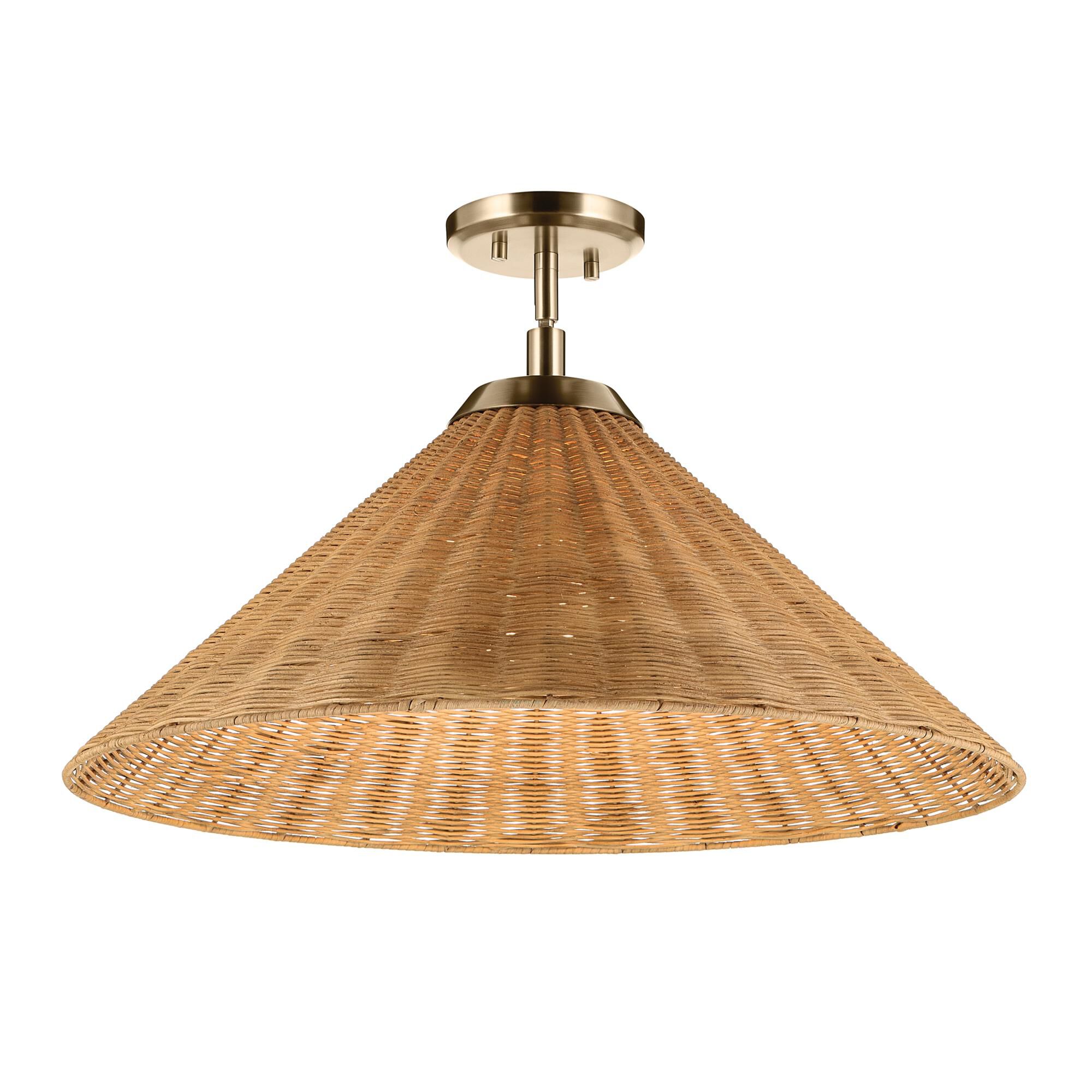Shown in Champagne Bronze finish and Opal glass and Rattan Textured shade