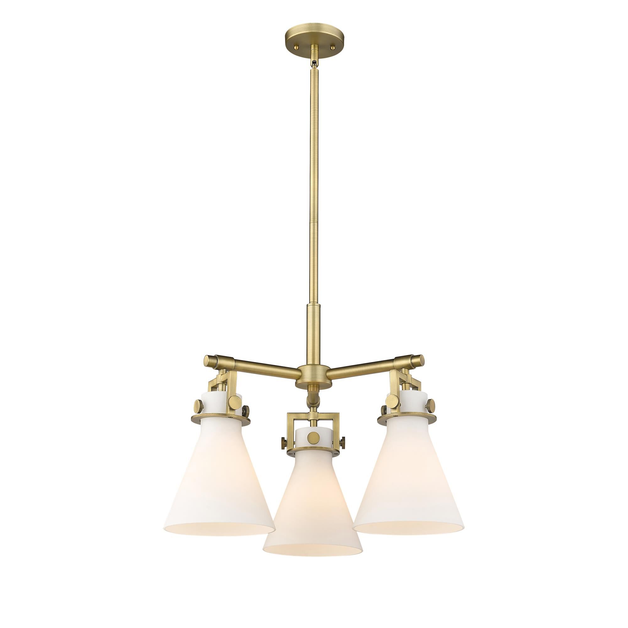 Shown in Brushed Brass finish and Matte White glass