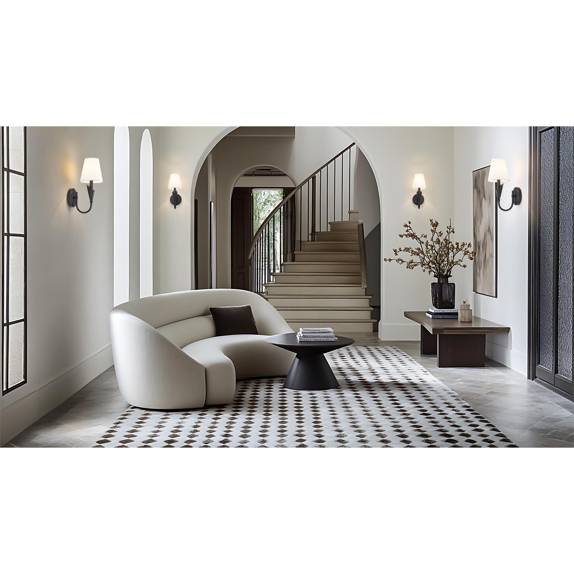 Shown in Matte Black finish and White glass and White shade
