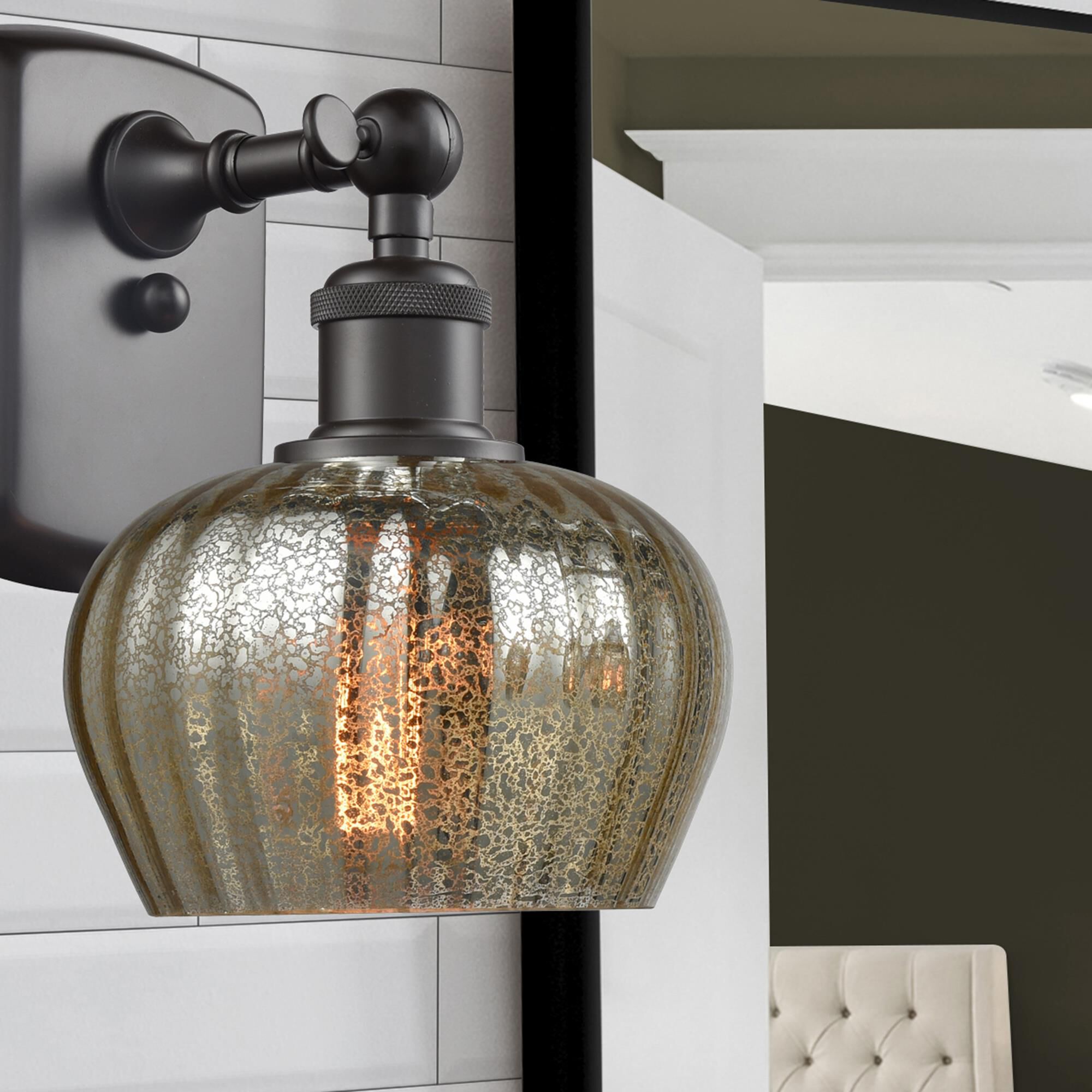 Shown in Oil Rubbed Bronze finish and Mercury Fluted glass