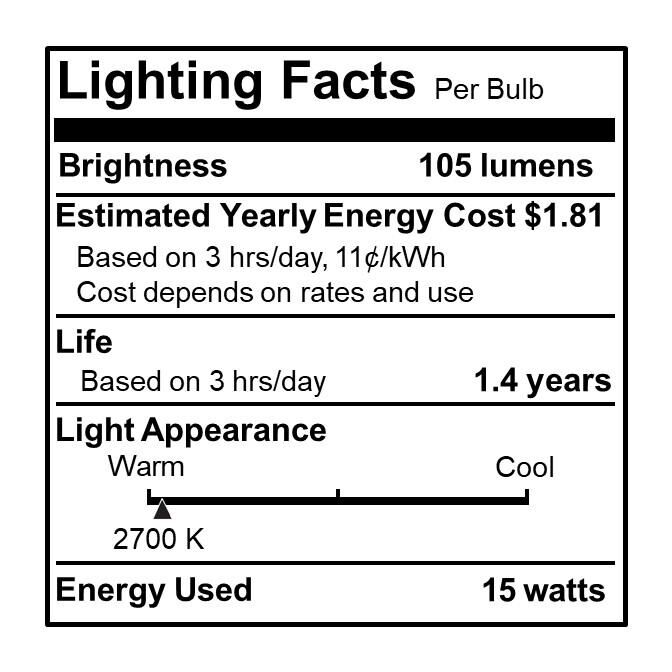 15 Watt 2700K B8 Incandescent Light Bulb,