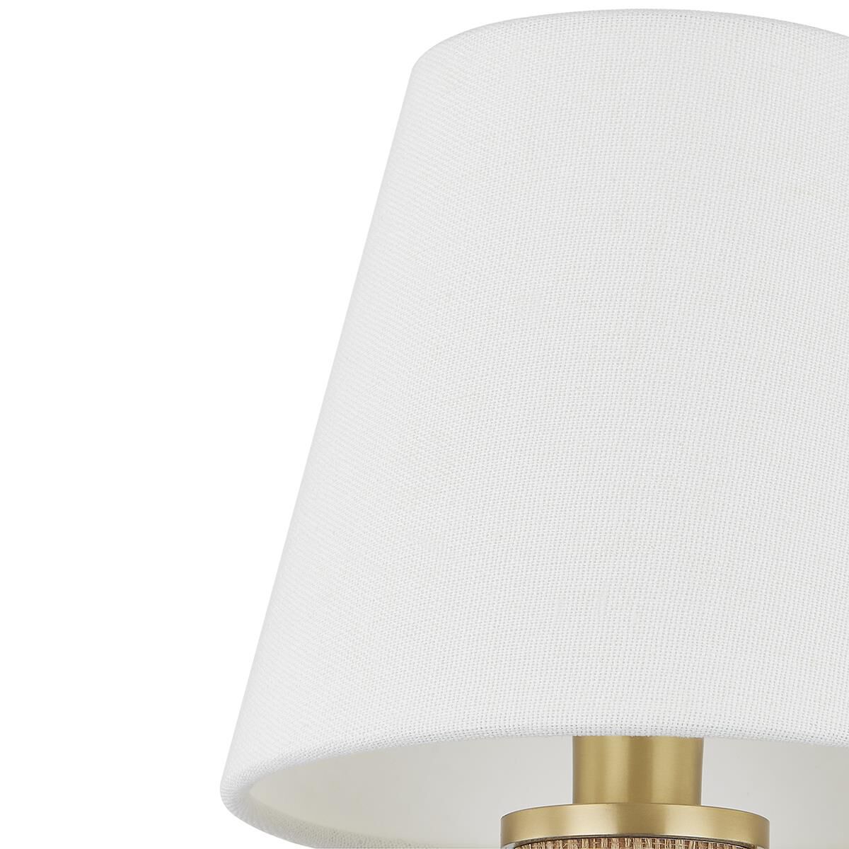 Shown in Aged Brass finish and Off White Linen shade