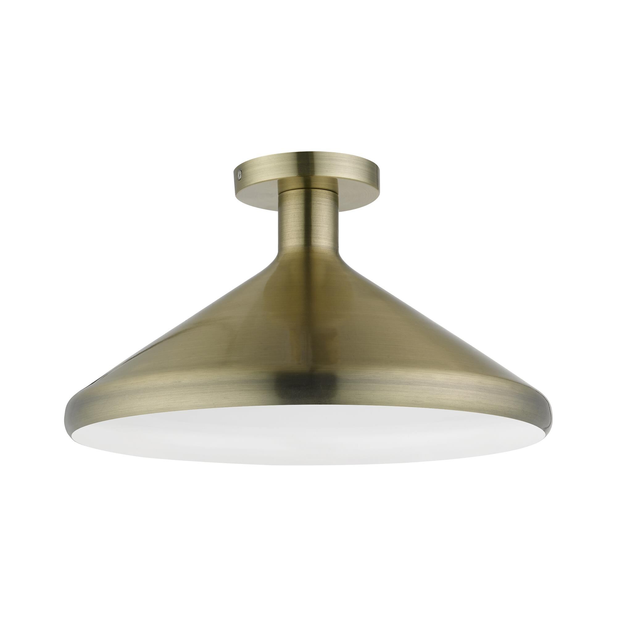 Shown in Antique Brass finish and Antique Brass Metal with Shiny White Inside shade