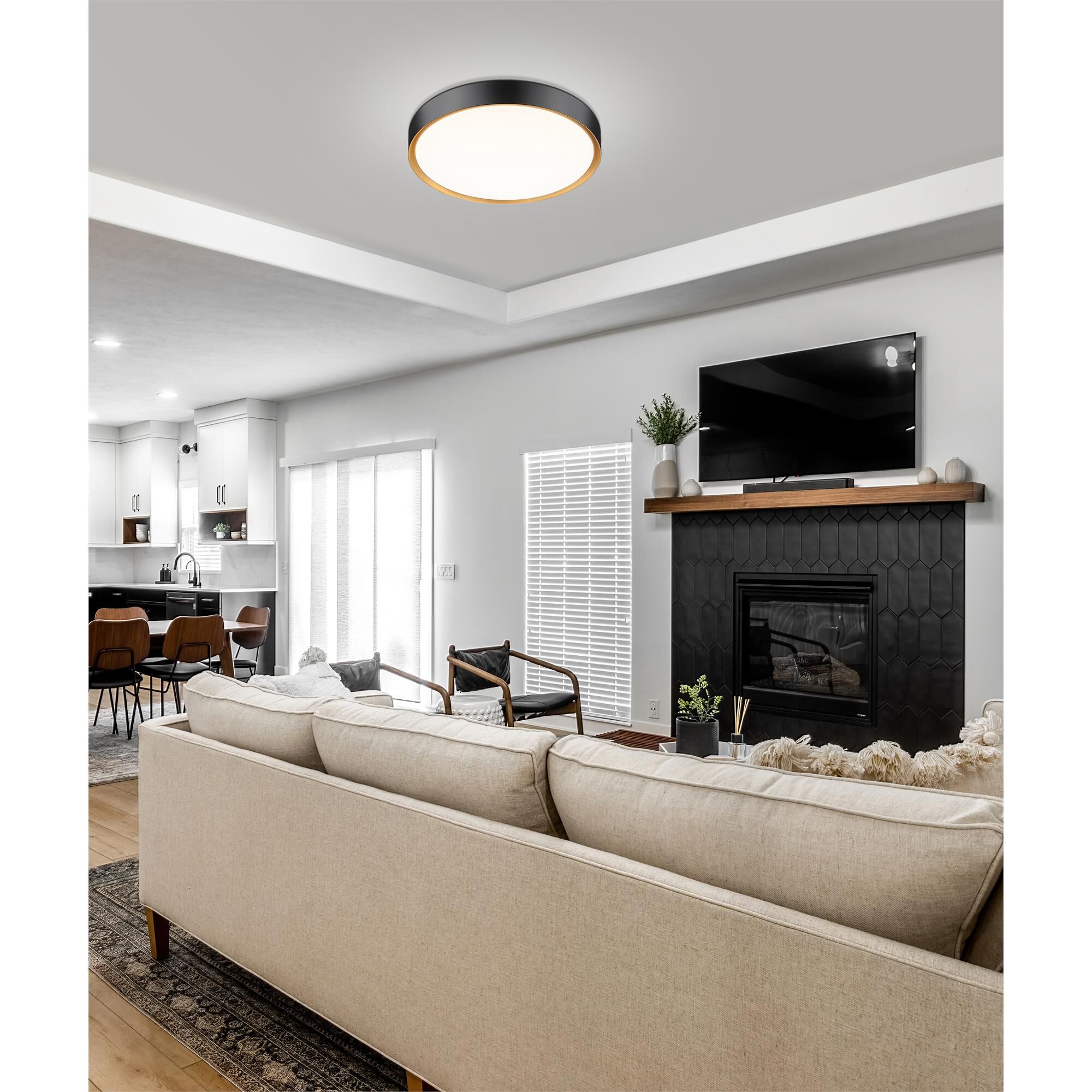 Shown in Matte Black And Modern Gold finish and Frosted glass and Frosted shade