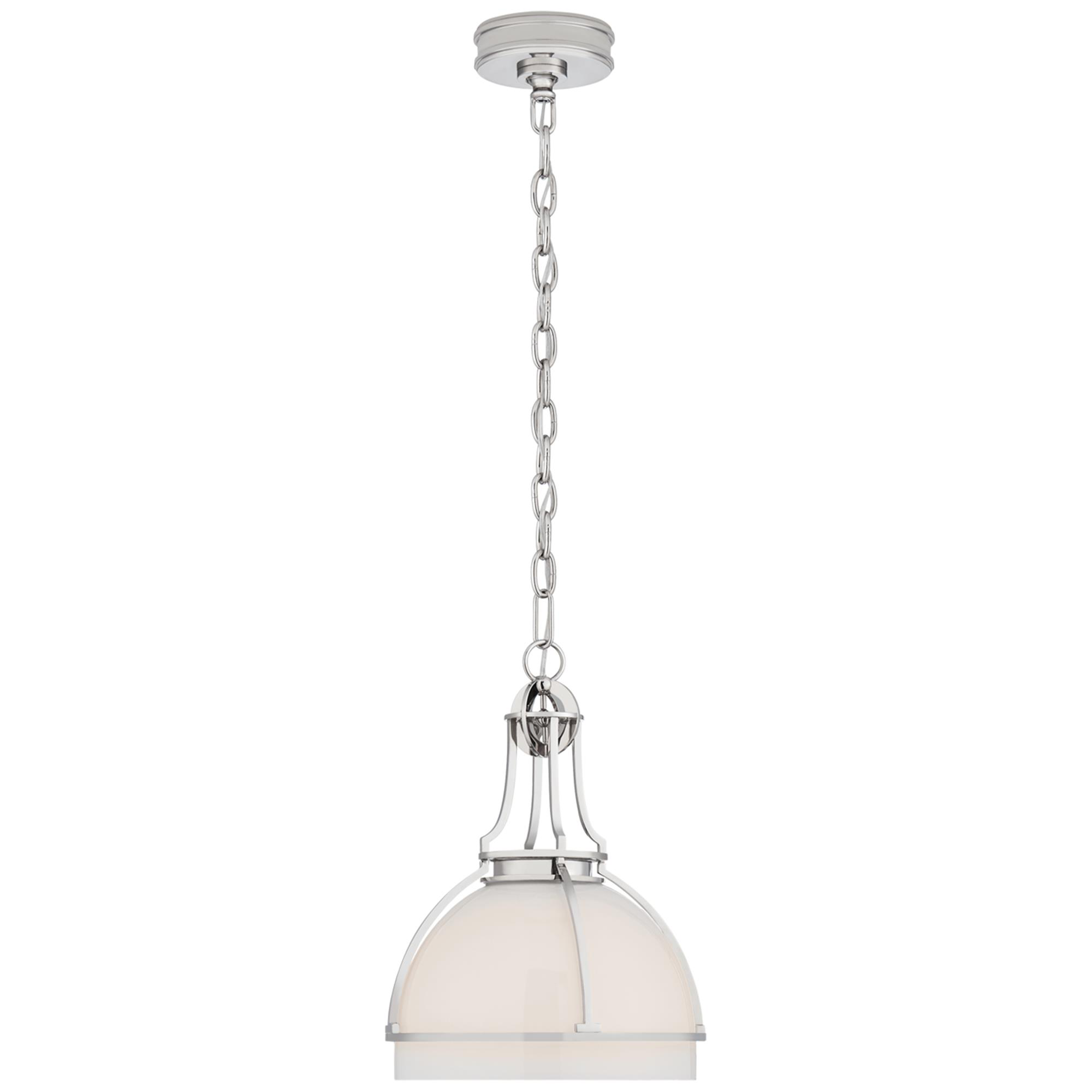 Shown in Polished Nickel finish and White glass and White Glass shade