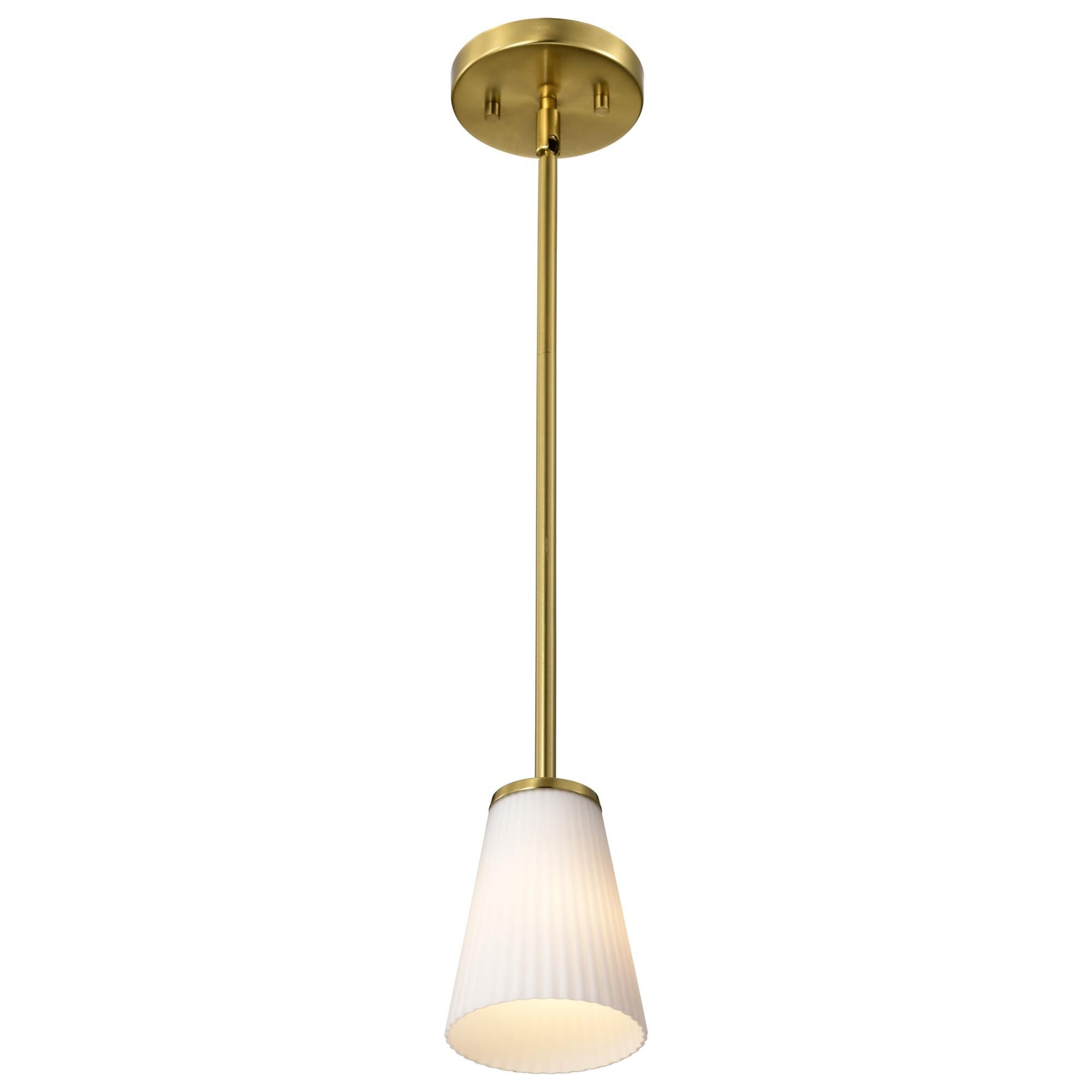 Shown in Burnished Brass finish and Ribbed White glass