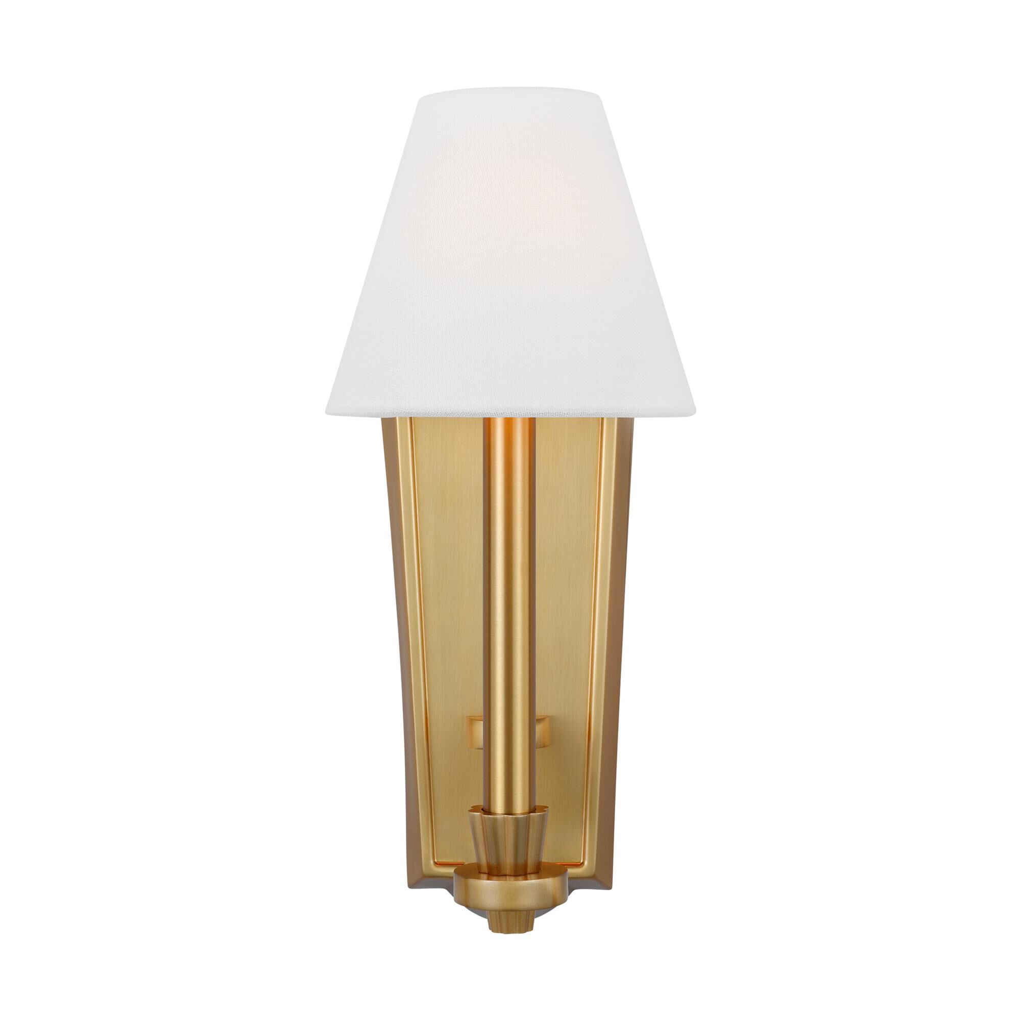 Shown in Burnished Brass finish and White Linen Fabric shade