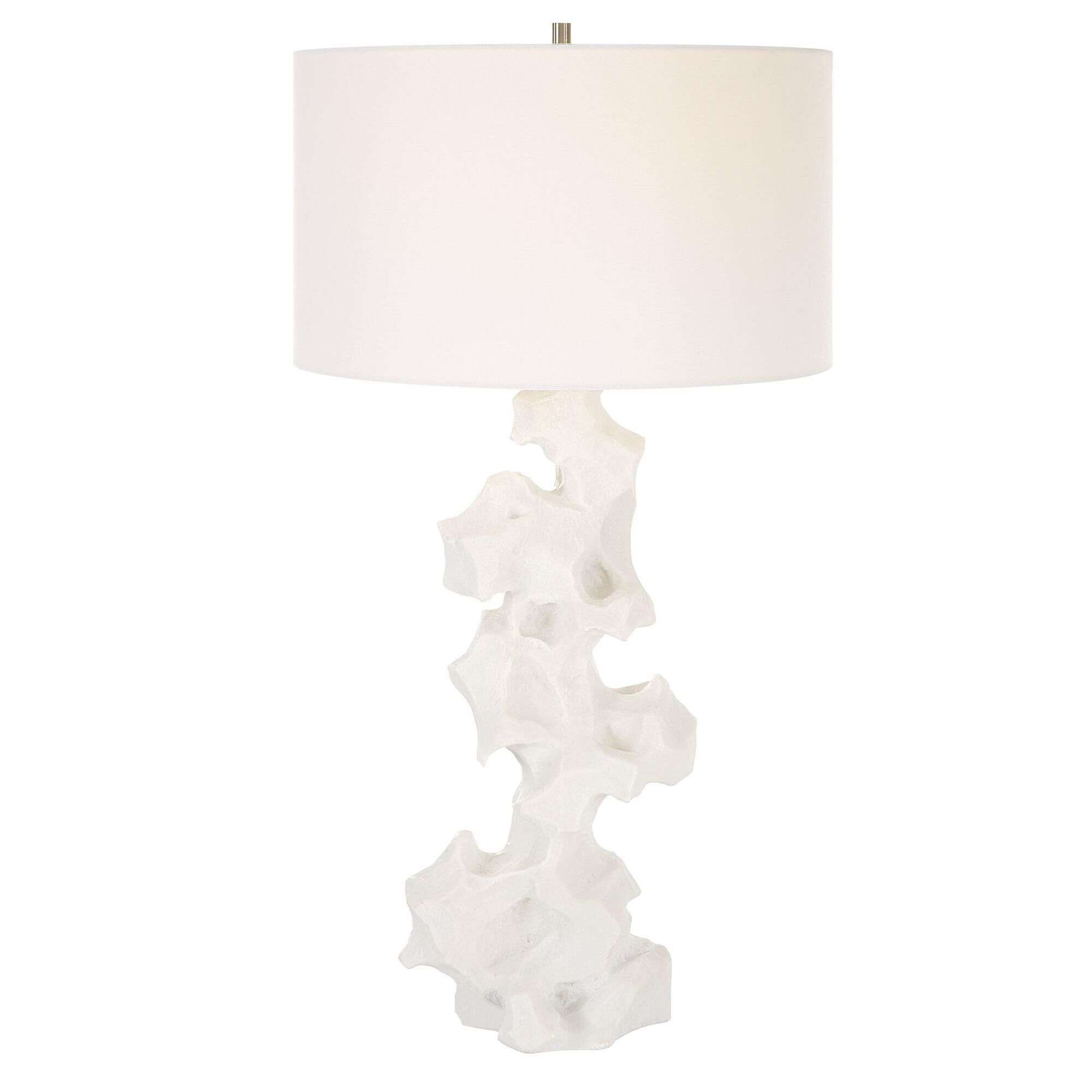 Shown in Crafted From Man-Made White Stone That Accurately Replicate The Look Of Thassos Marble, The Remnant  finish and Round Drum Hardback shade