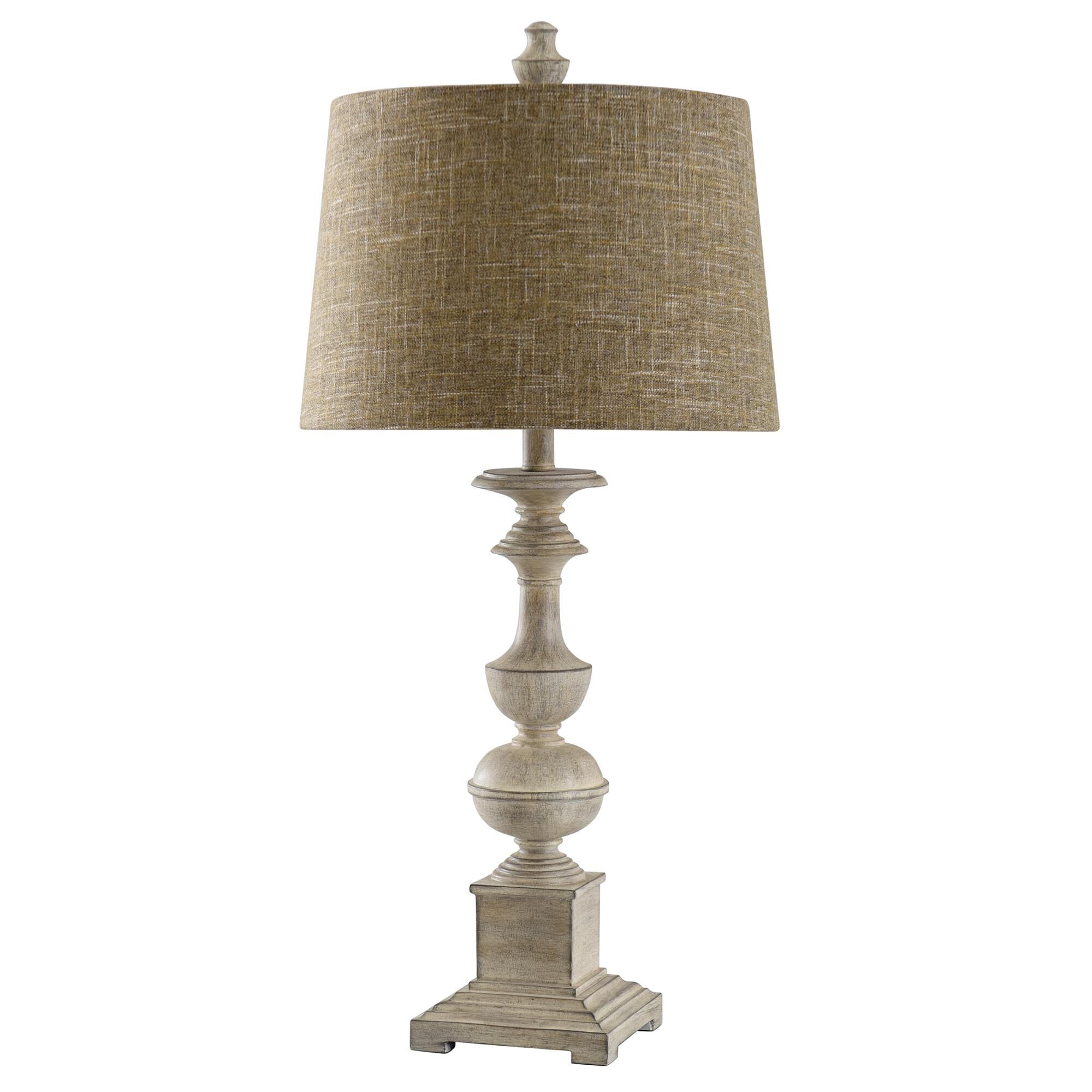 Shown in Distressed Off White Cream, Ivory, Cream, Tan finish and Heathered Taupe Polyester Fabric shade