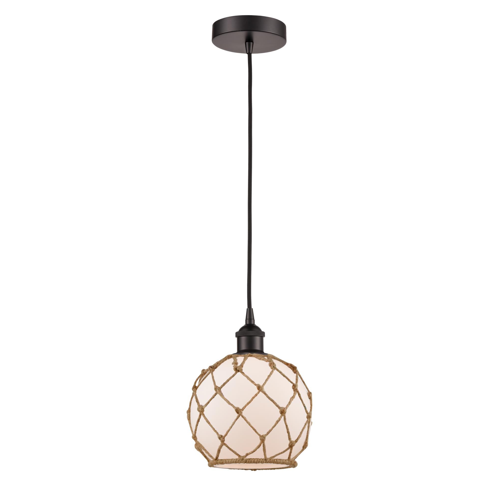 Shown in Oil Rubbed Bronze finish and White Farmhouse With Brown Rope glass