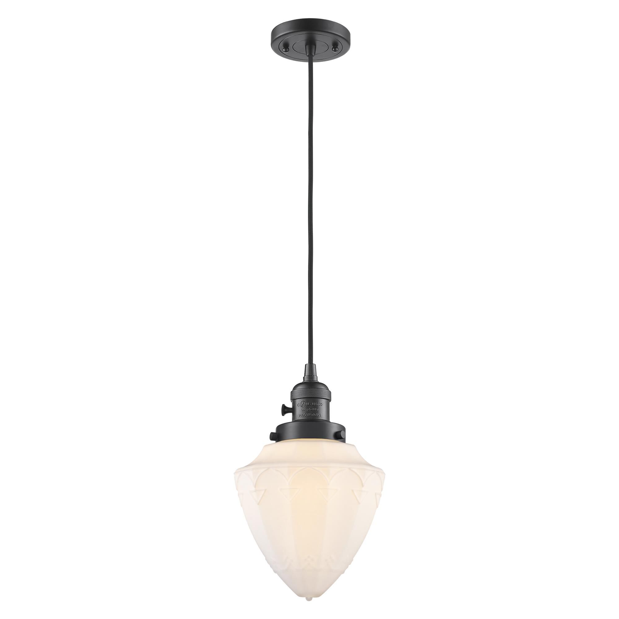 Shown in Oil Rubbed Bronze finish and Matte White Cased Small Bullet glass