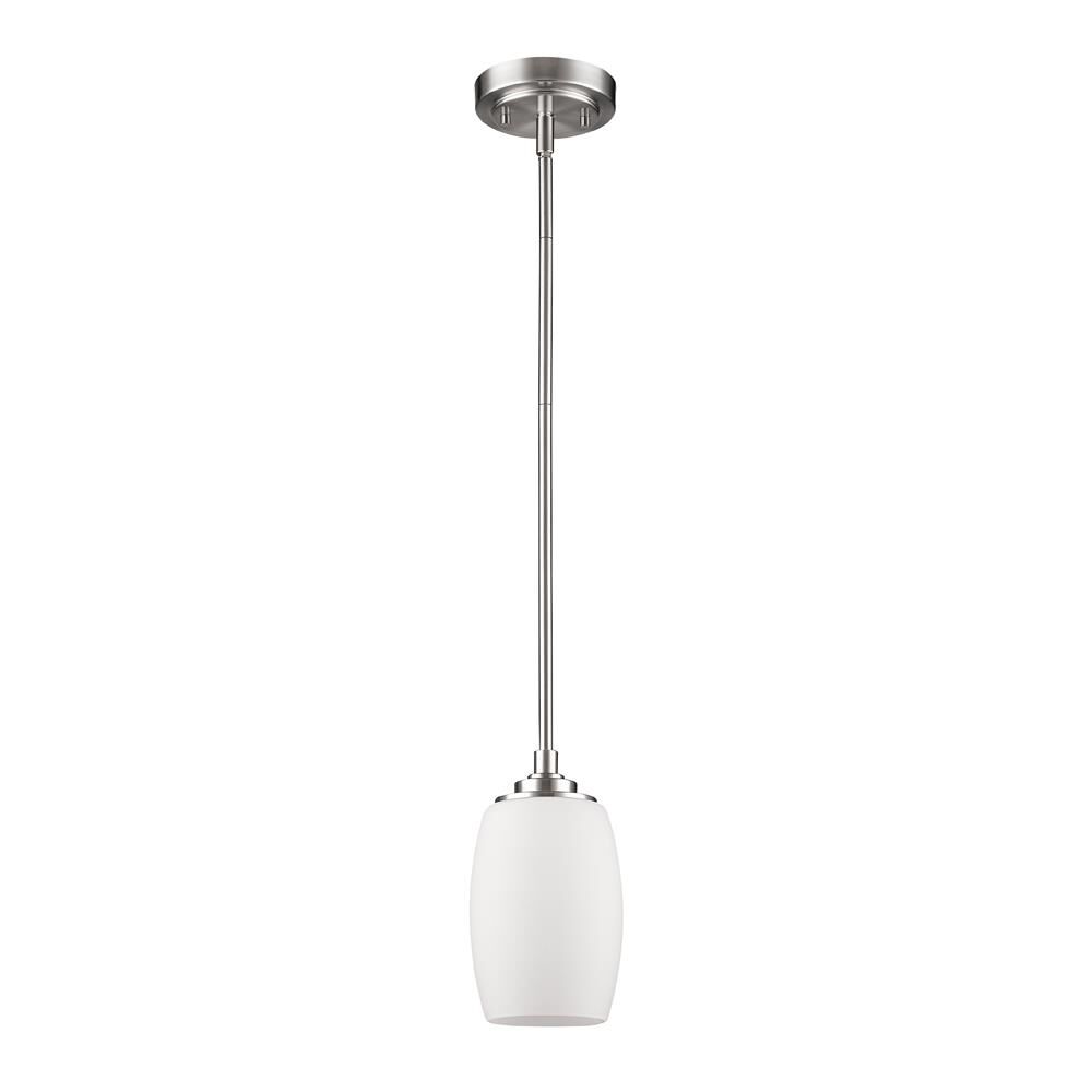 Shown in Satin Nickel finish and White glass and White Frosted Cylindrical Glass s shade