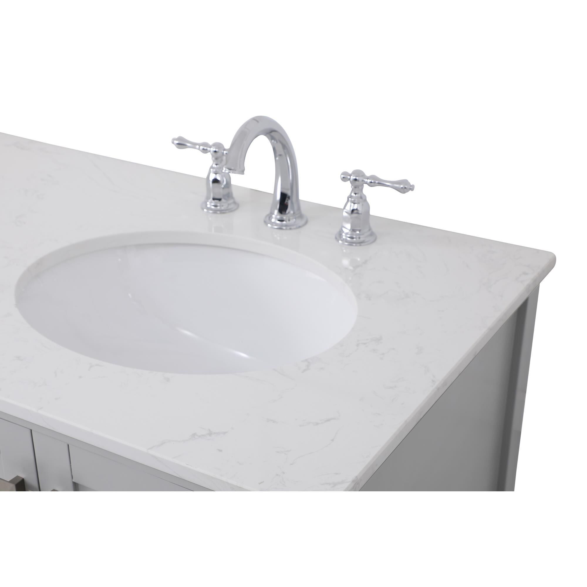 Shown in Gray And Brushed Nickel With Calacatta Quartz finish