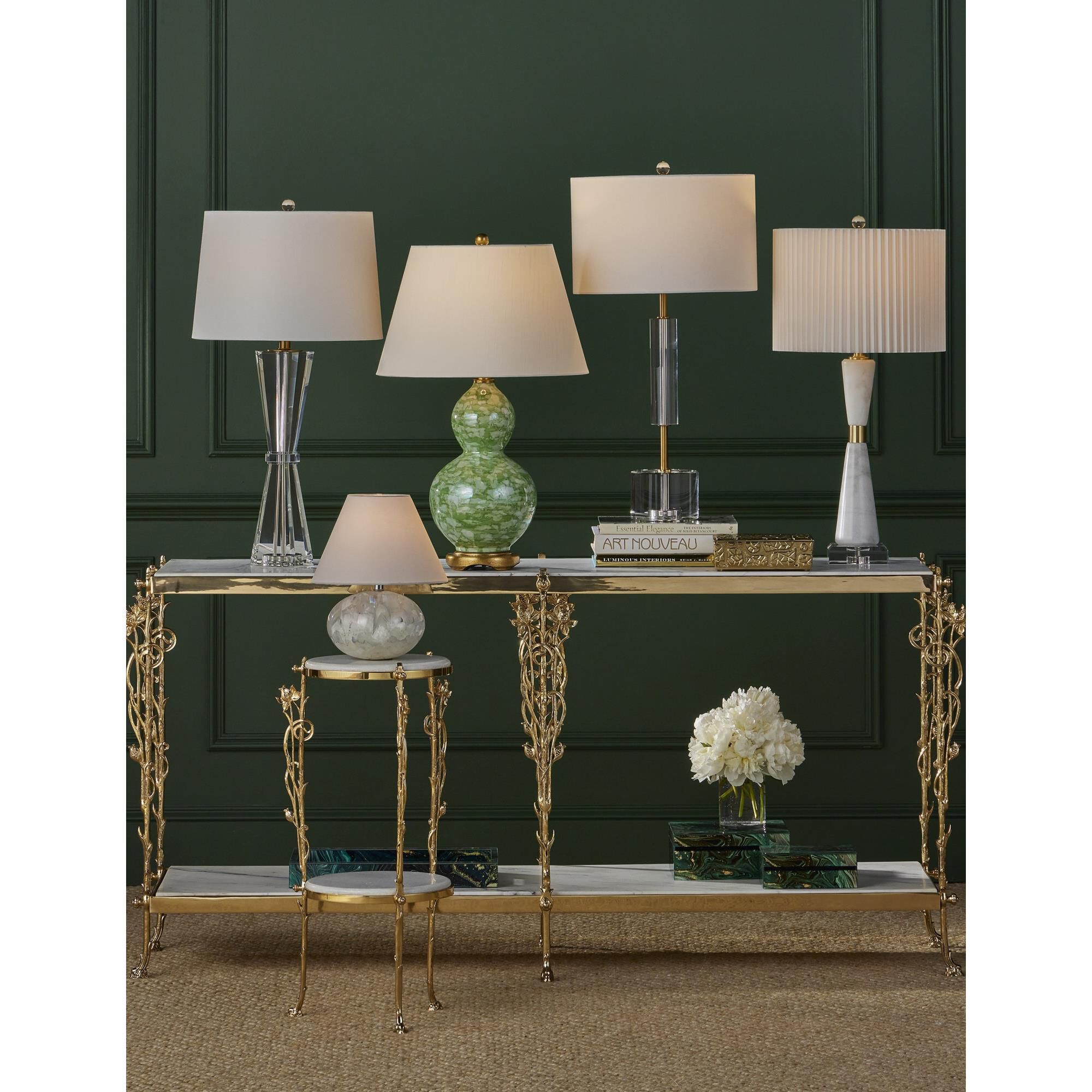 Shown in Clear, Polished Brass finish and Off-White Fine Linen shade