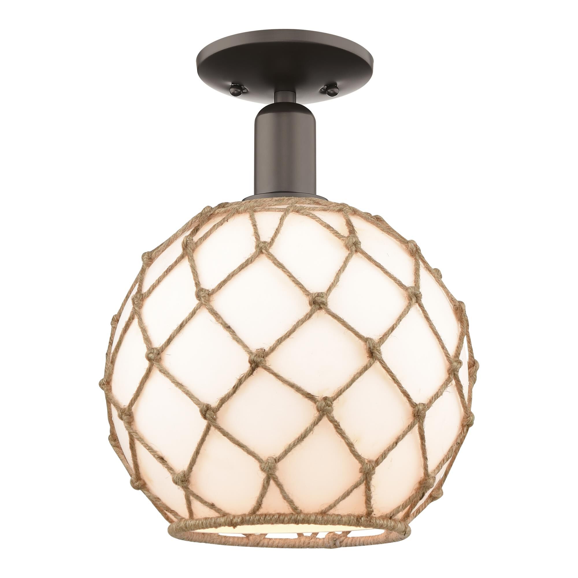 Shown in Oil Rubbed Bronze finish and White with Brown Rope glass