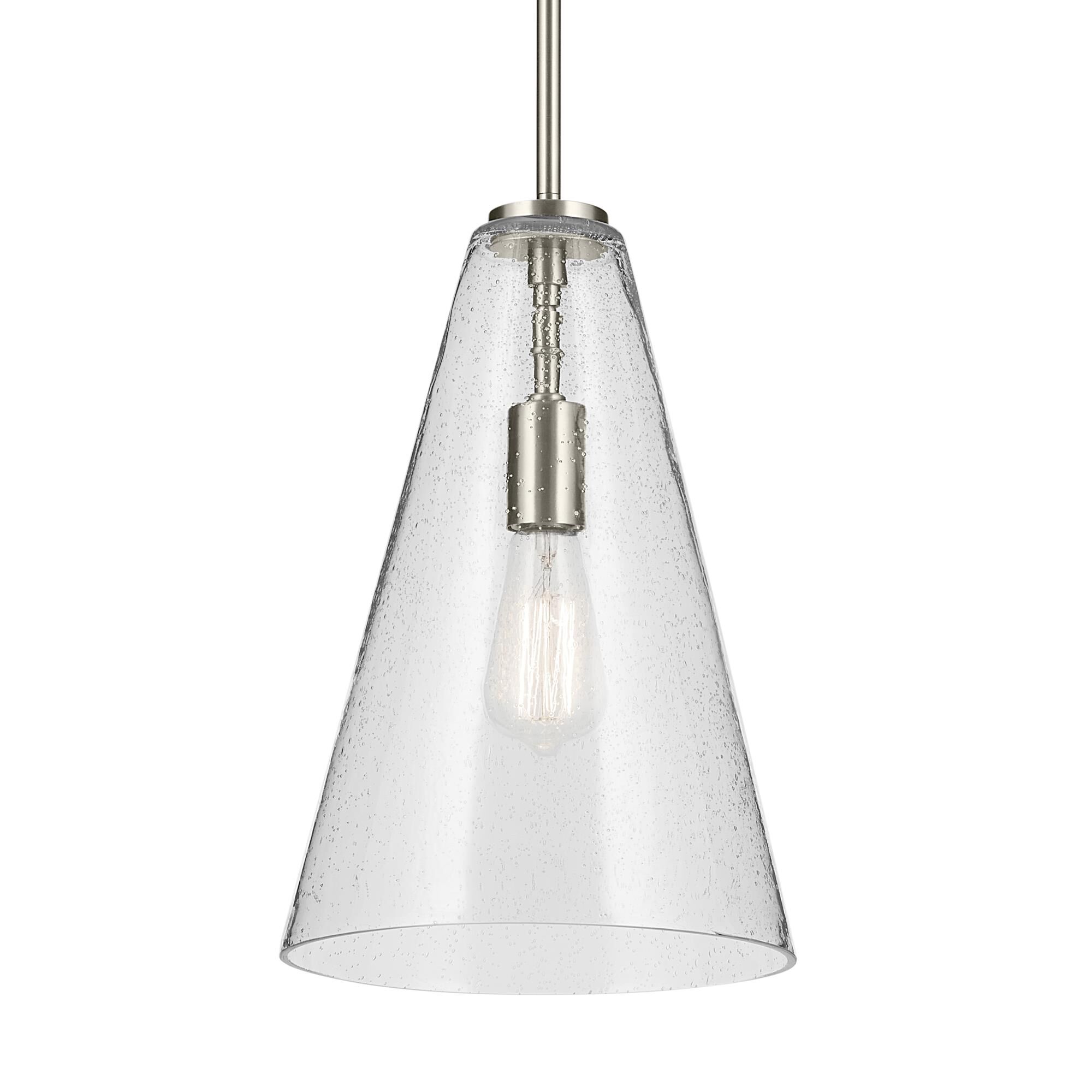Shown in Brushed Nickel finish and Clear Seeded glass