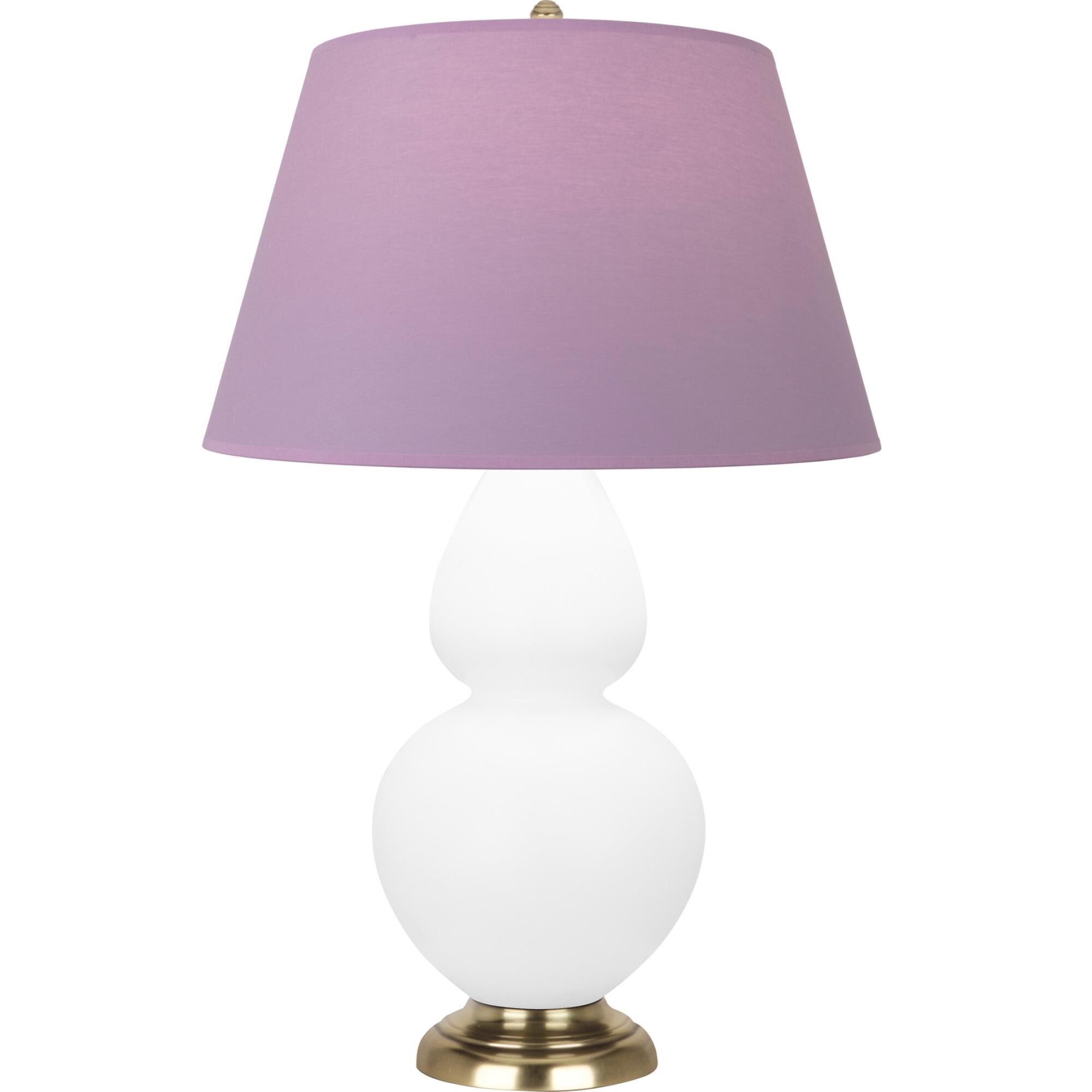 Shown in Matte Lily finish and Lavender and Plum shade and Antique Natural Brass accent