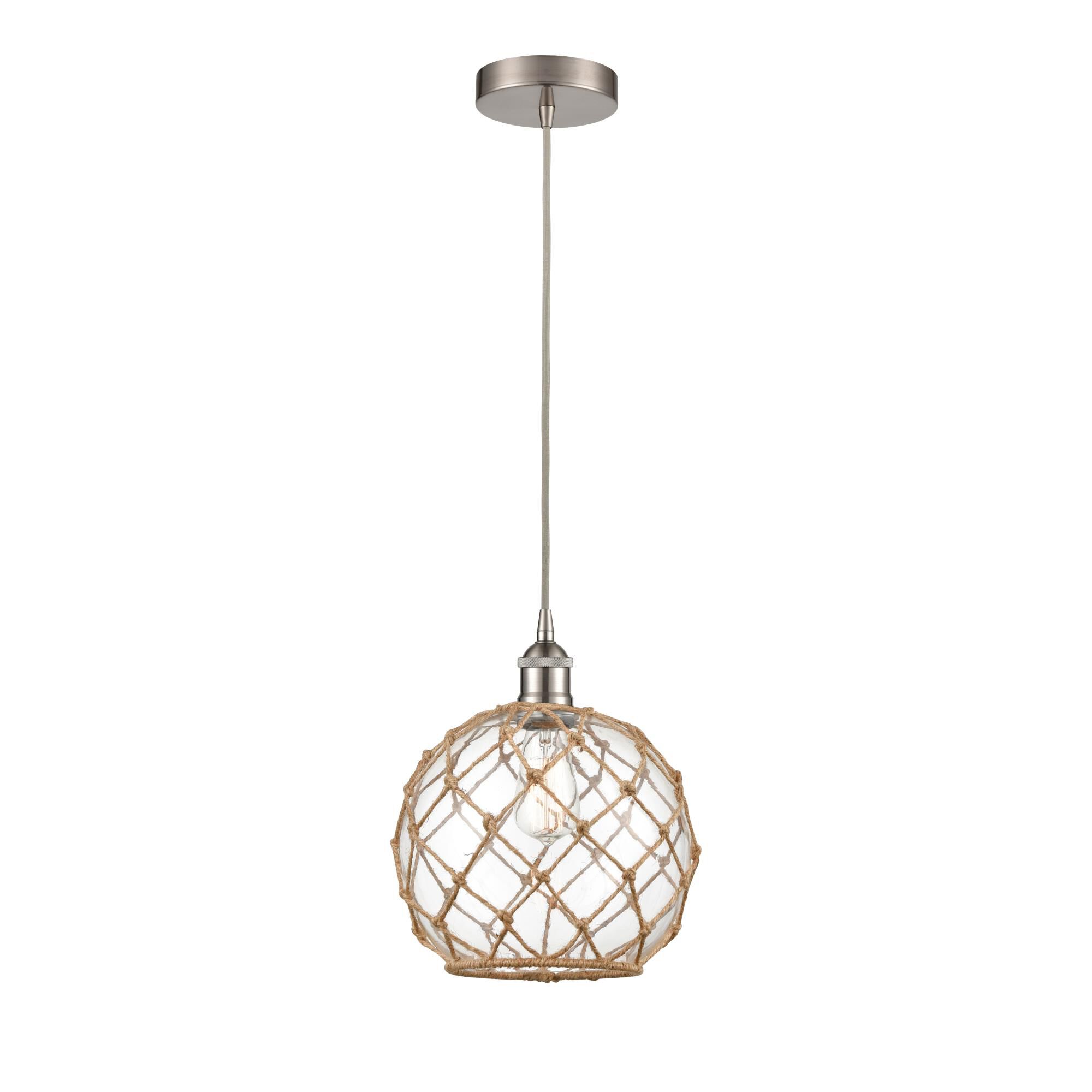 Shown in Brushed Satin Nickel finish and Clear Large Farmhouse With Brown Rope glass and No Shade shade