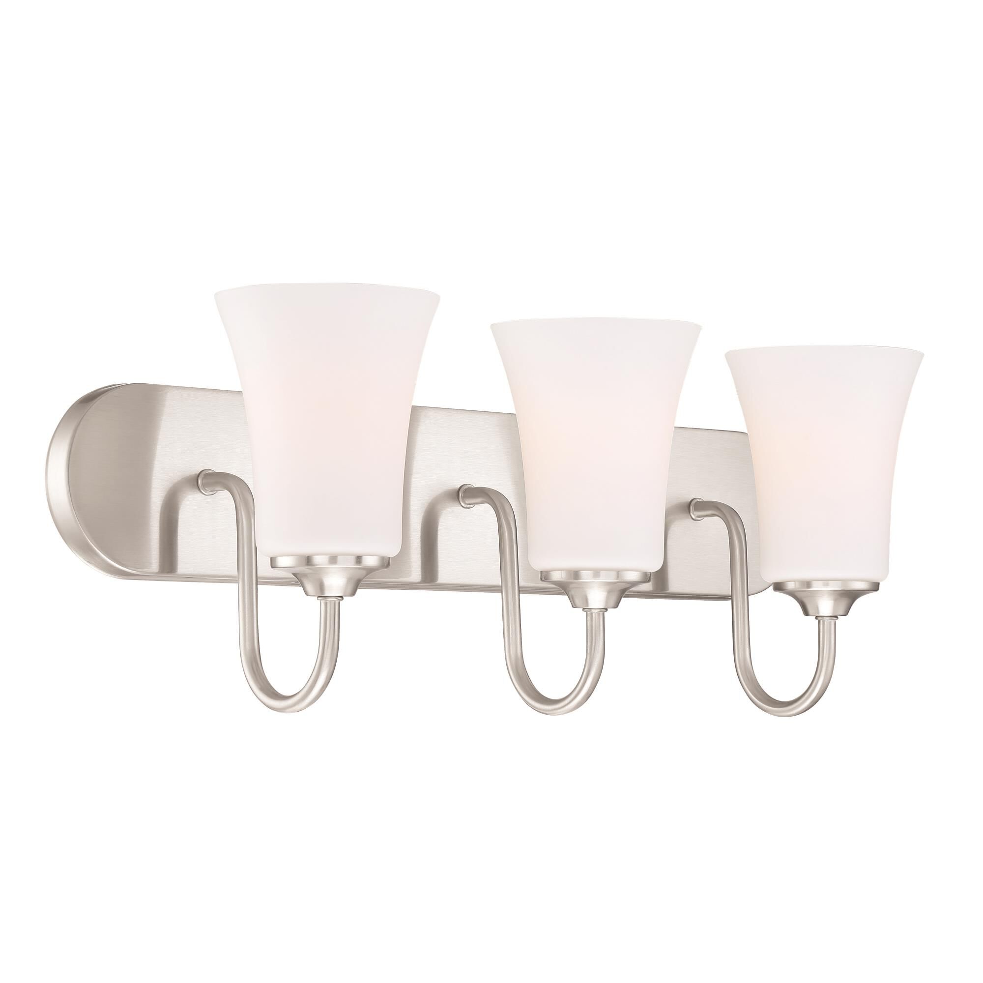 Shown in Brushed Polished Nickel finish and White Frosted glass and Glass shade