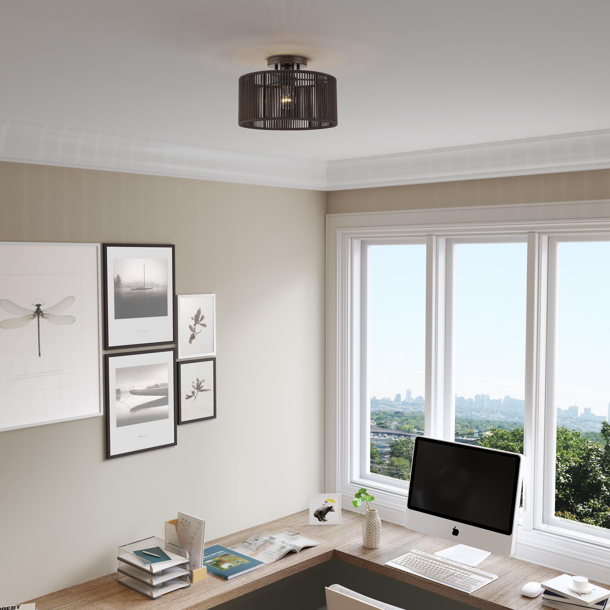 Shown in English Bronze finish and Hand-Woven Dark Chocolate Color Polyester Rope shade