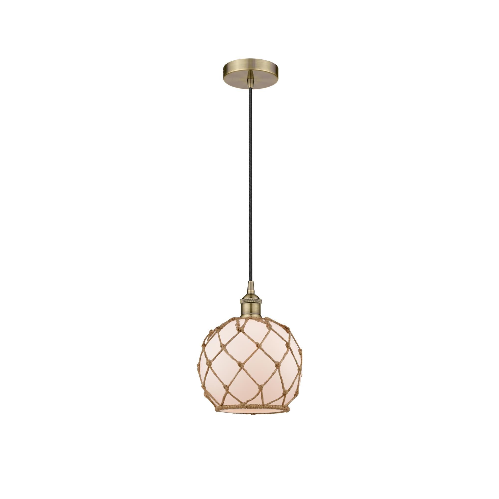 Shown in Antique Brass finish and White Farmhouse With Brown Rope glass and No Shade shade
