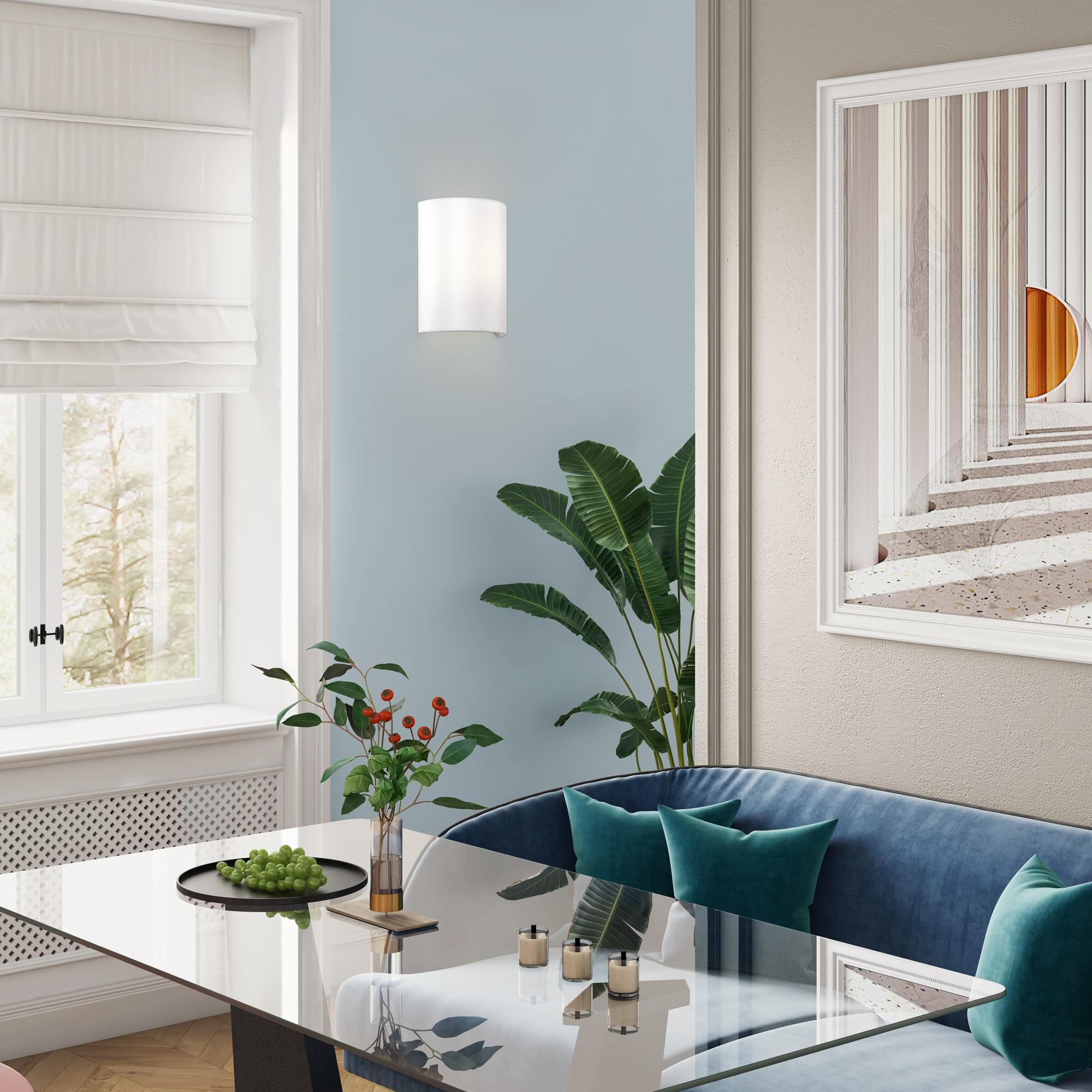 Shown in Shiny White finish and Hand Crafted Off-White Fabric shade