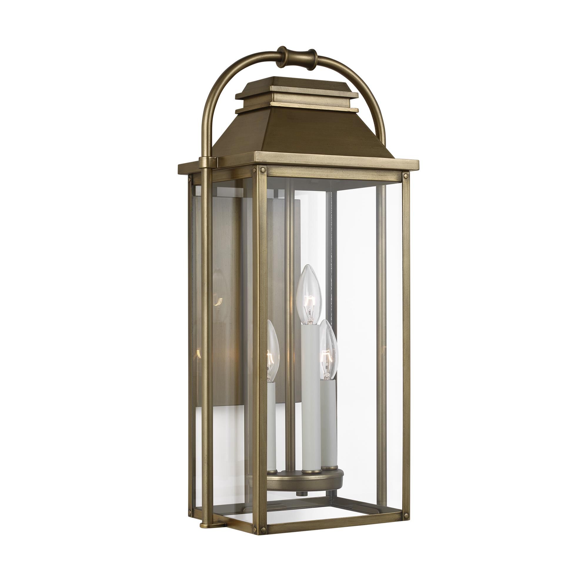 Shown in Painted Distressed Brass finish and Clear Panels glass