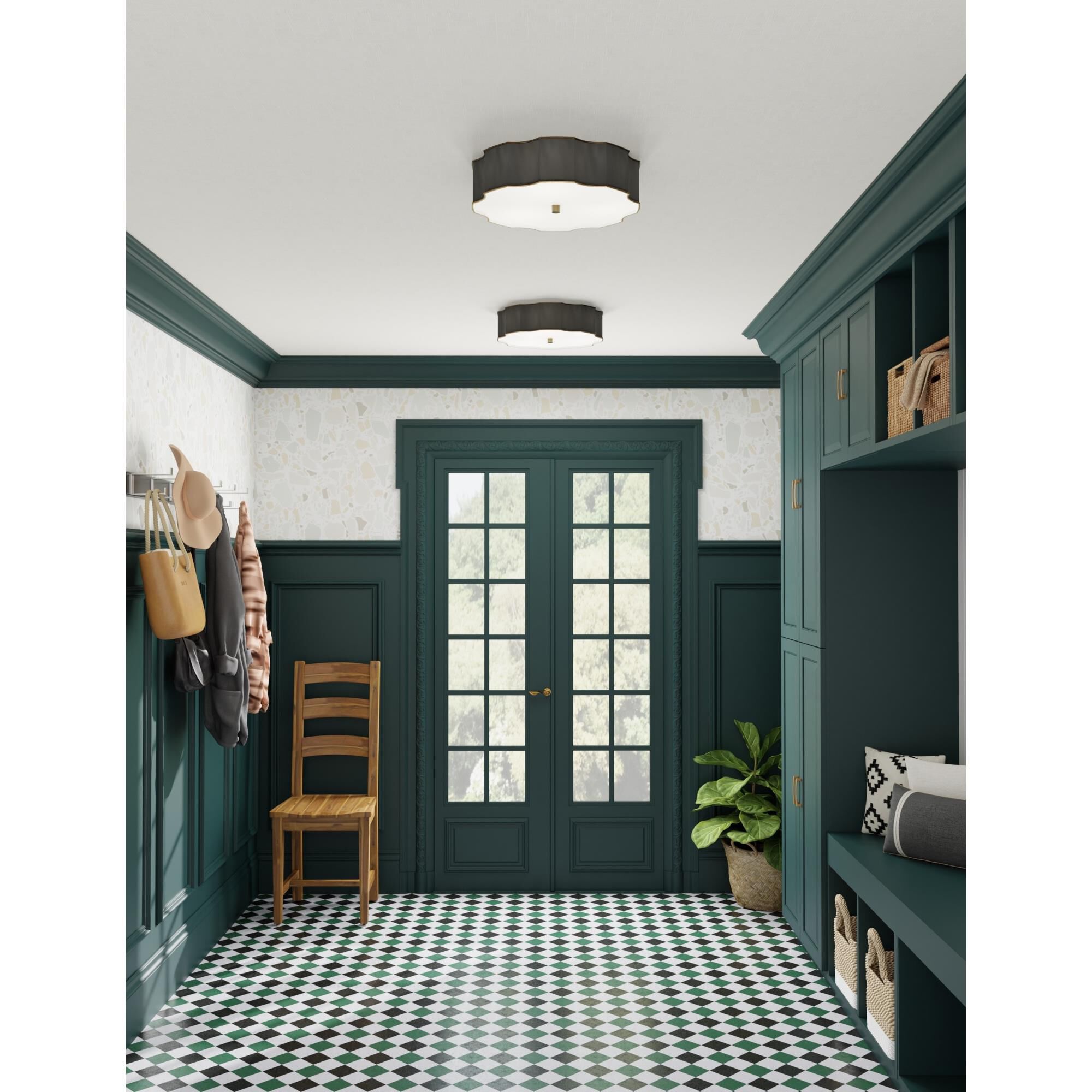 Shown in Antique Brass finish and Opaque glass