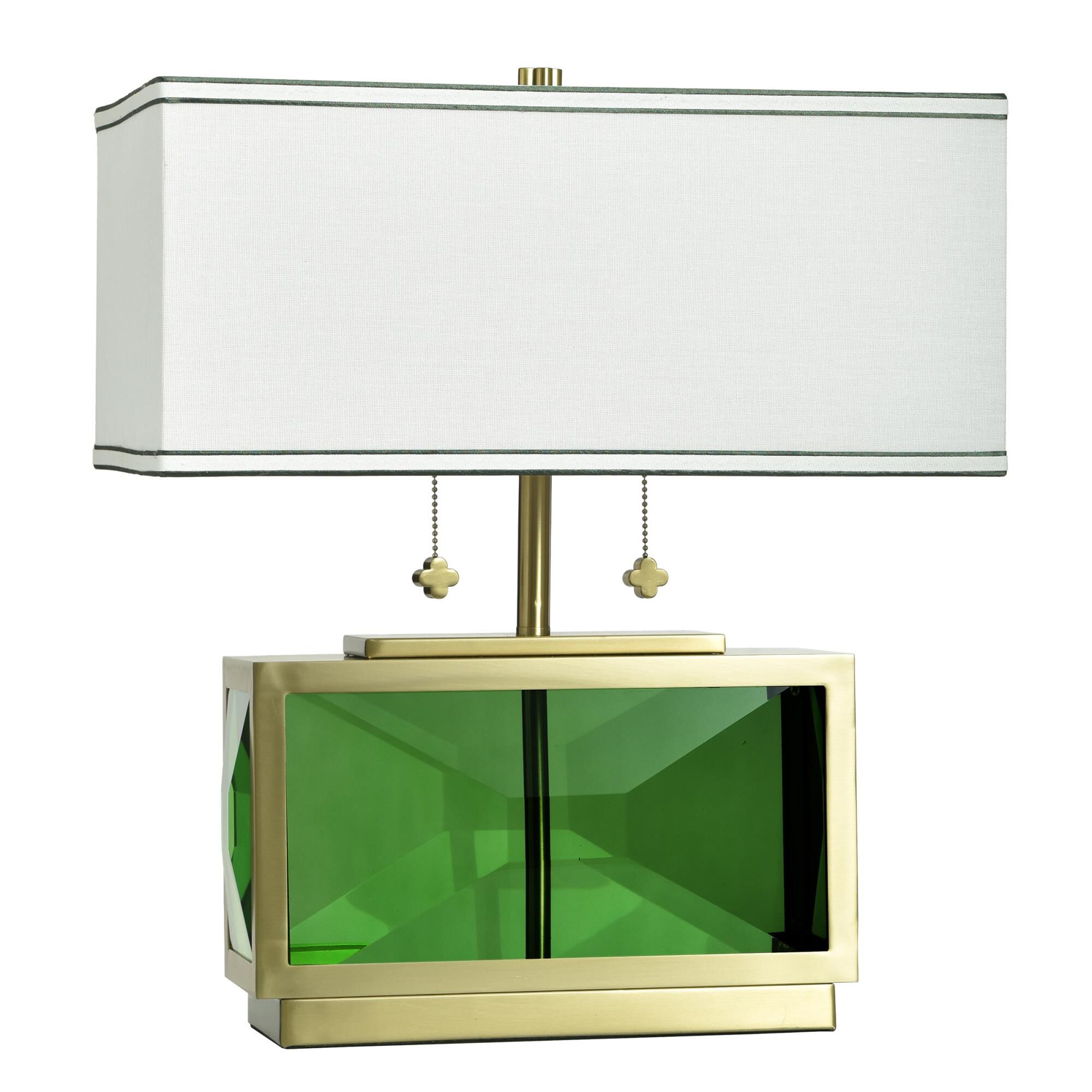 Shown in Polished Brass and Green finish and Off-White With Dark Green Double-Lined Trim shade