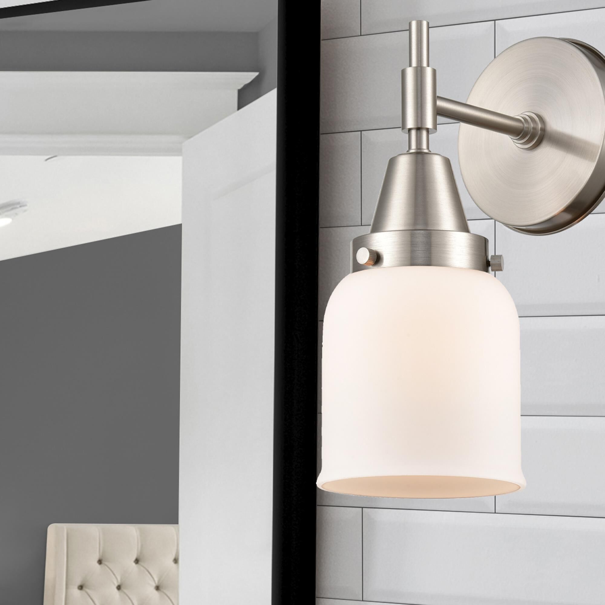 Shown in Satin Nickel finish and Matte White Cased Large Cone glass