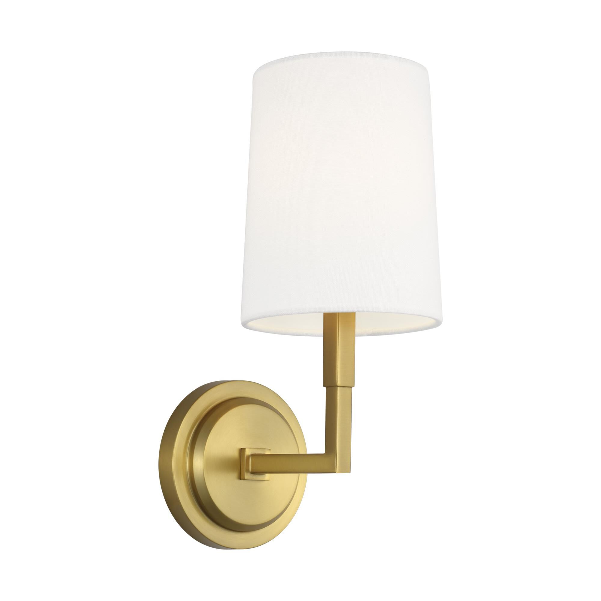 Shown in Burnished Brass finish and White Linen shade