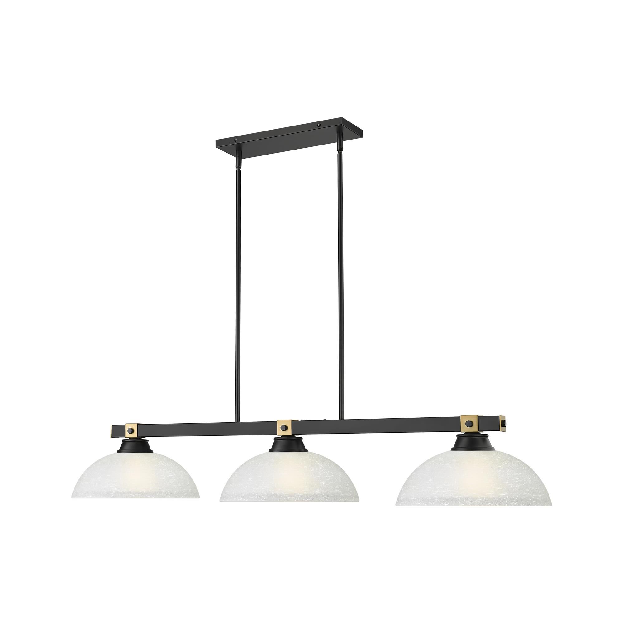Shown in Matte Black + Rubbed Brass finish and White Linen glass and White Linen shade